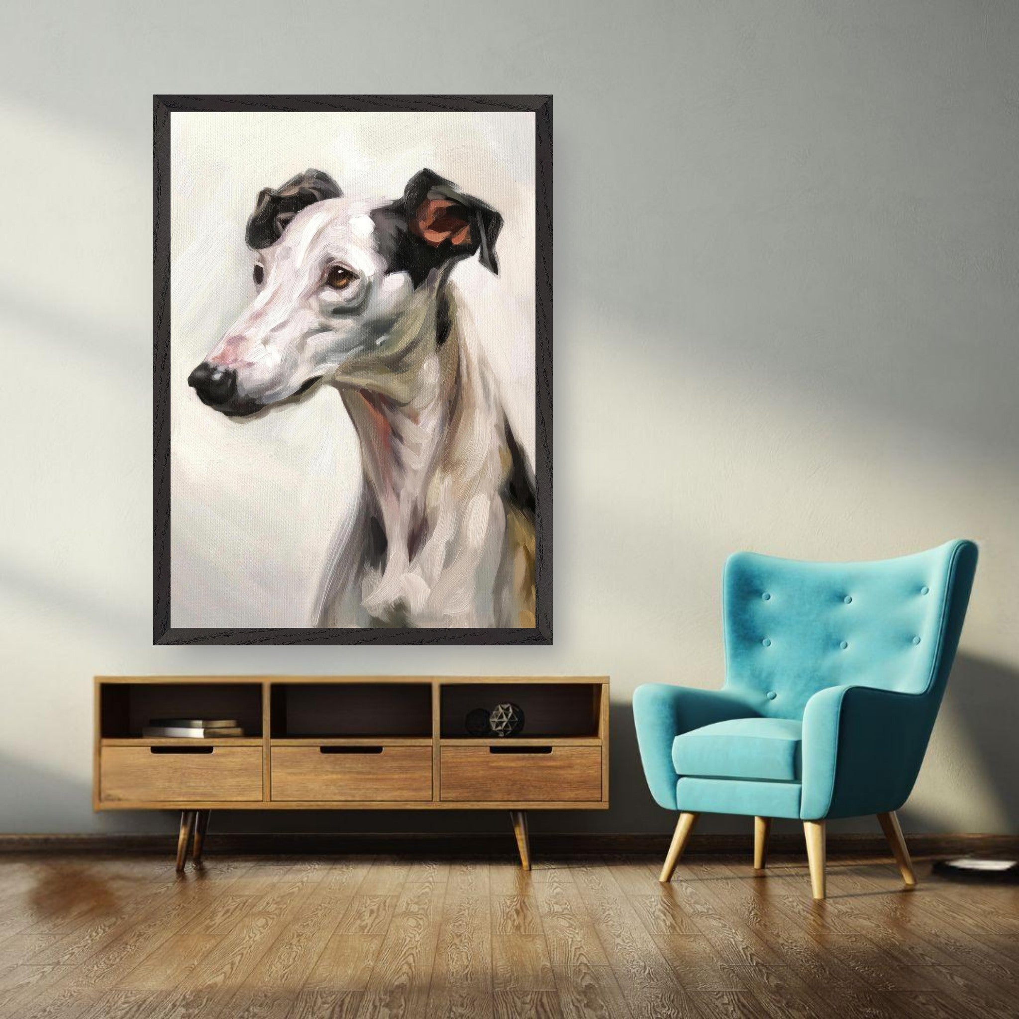 Greyhound dog painting displayed in a modern living room, showcasing fine art with muted colors and soft brushstrokes.