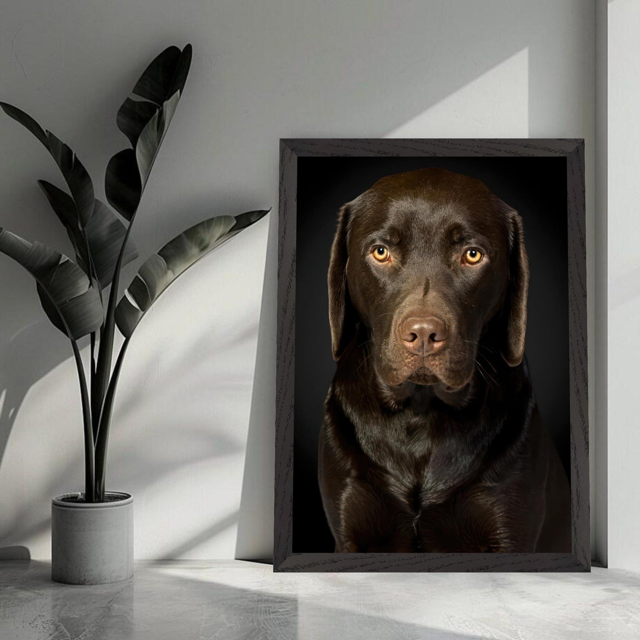 Chocolate Labrador portrait in vintage frame, showcasing rich coat and soulful expression, ideal for dog lovers.