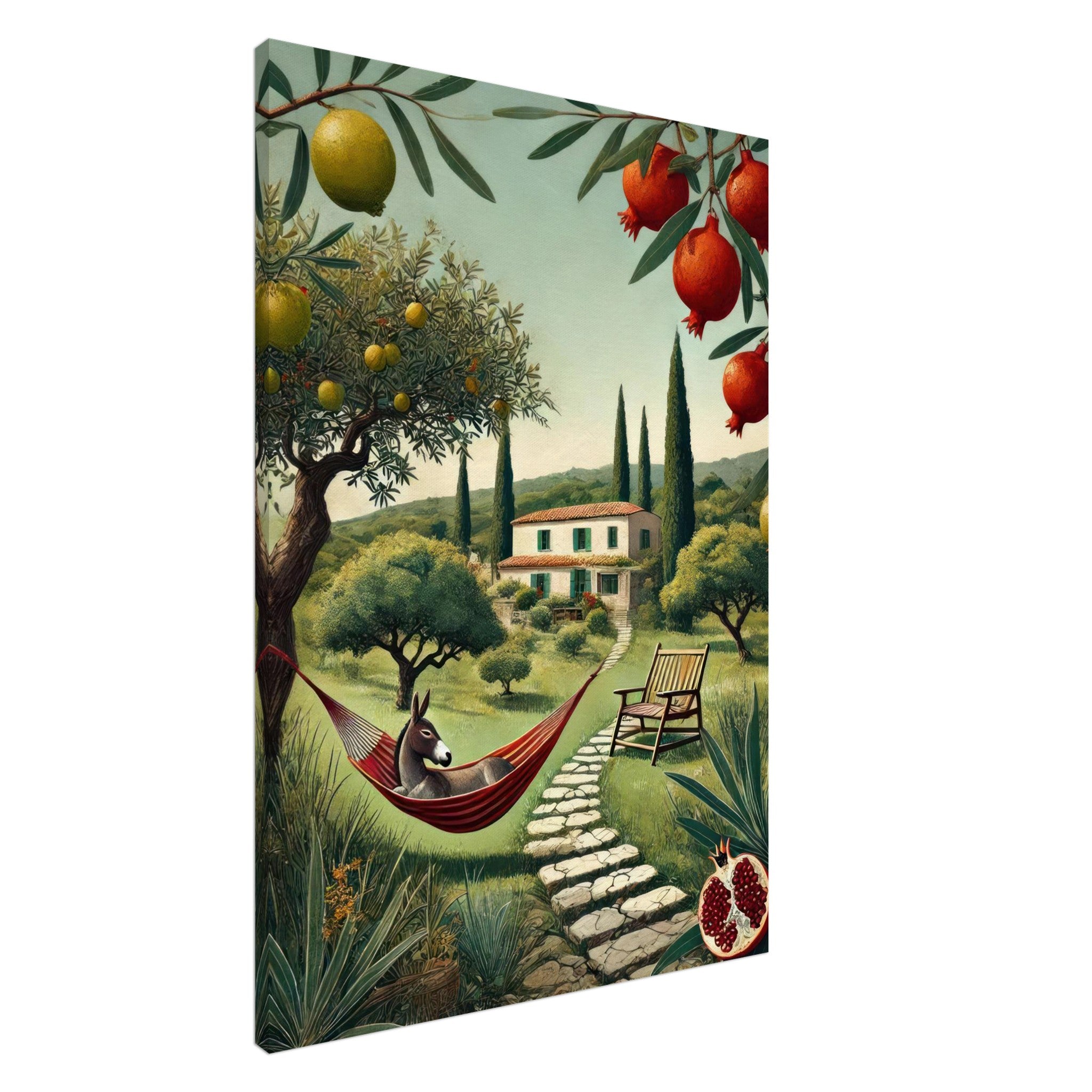 Mediterranean rural landscape canvas print featuring a hammock, villa, and fruit trees.
