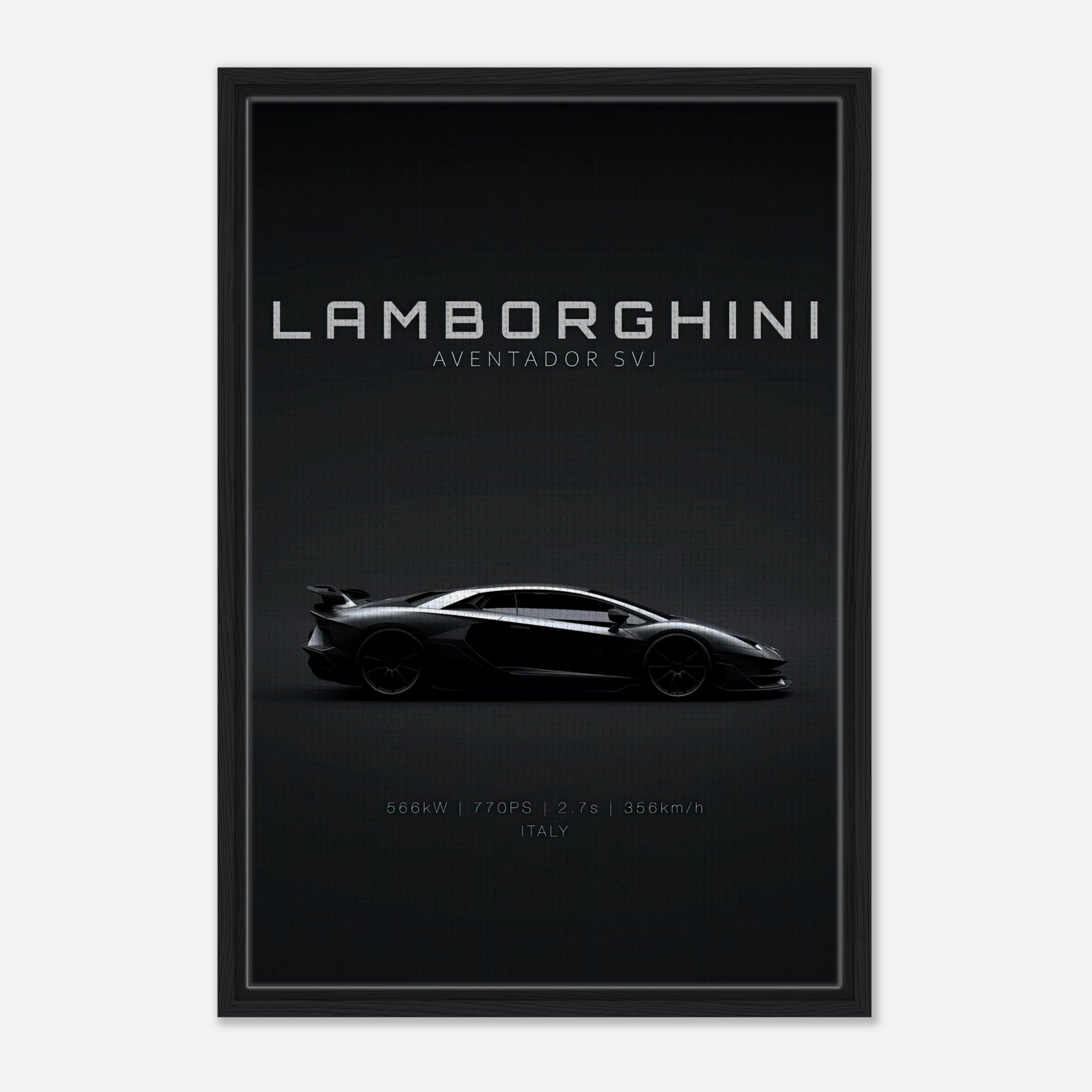 Lamborghini Aventador SVJ Framed Canvas artwork showcasing sleek design against a black backdrop.