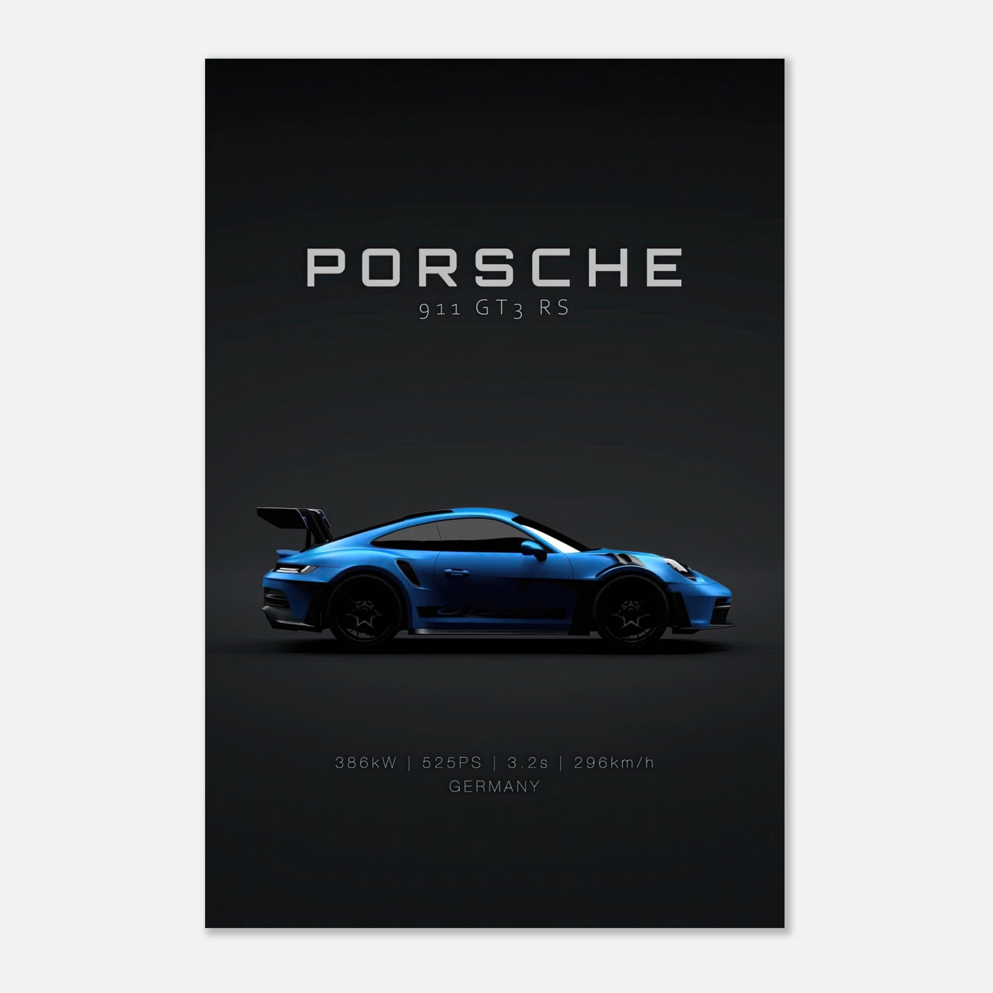 Porsche 911 GT3 RS metal print showcasing iconic blue car silhouette on dark background.