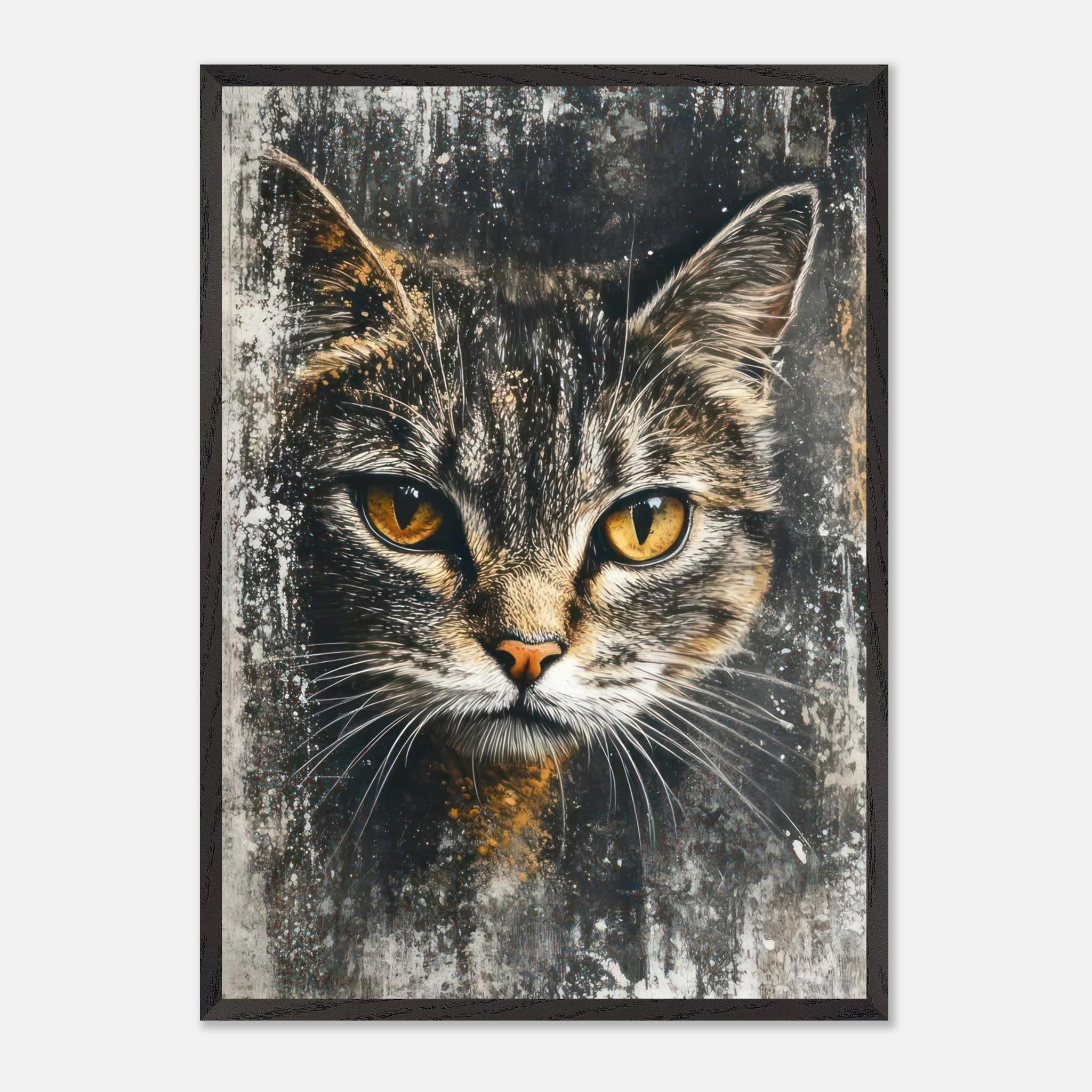 Vintage framed cat painting artwork featuring a striking feline portrait with golden eyes.