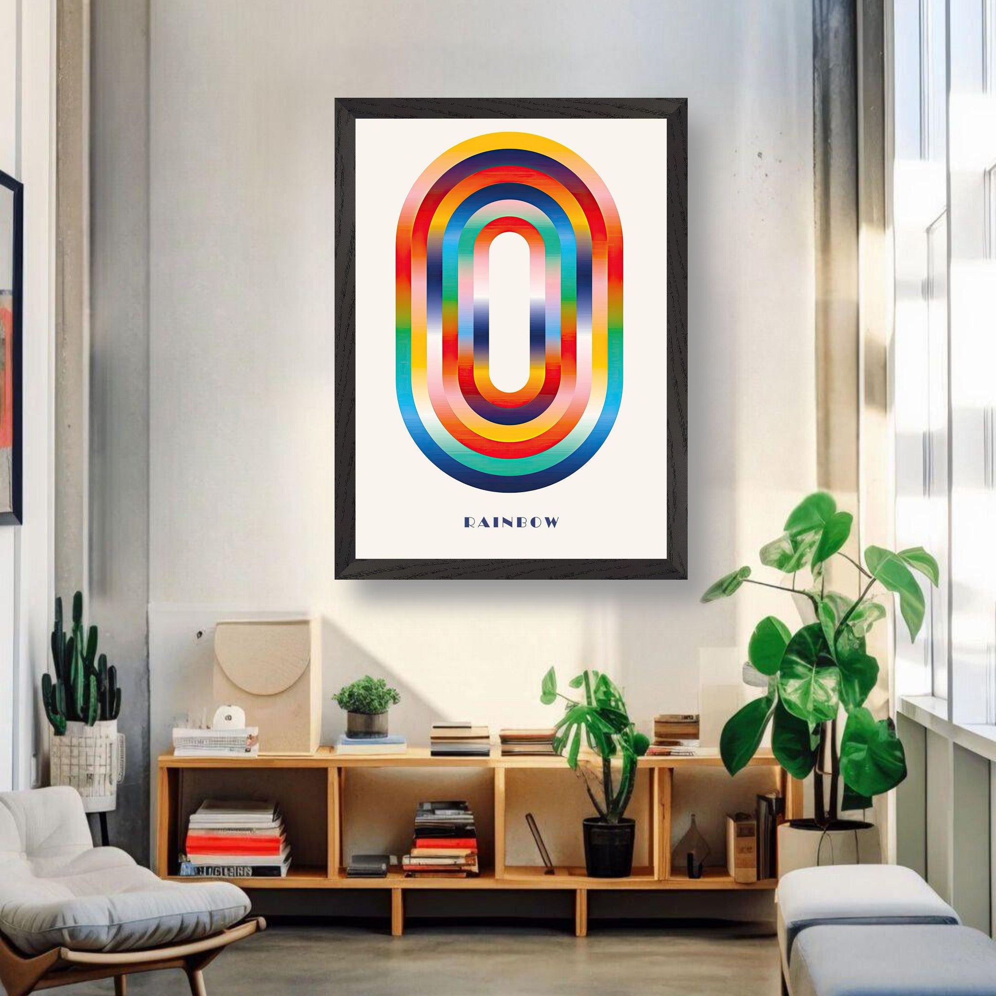 Abstract rainbow geometric art vintage framed print displayed in a modern living room.