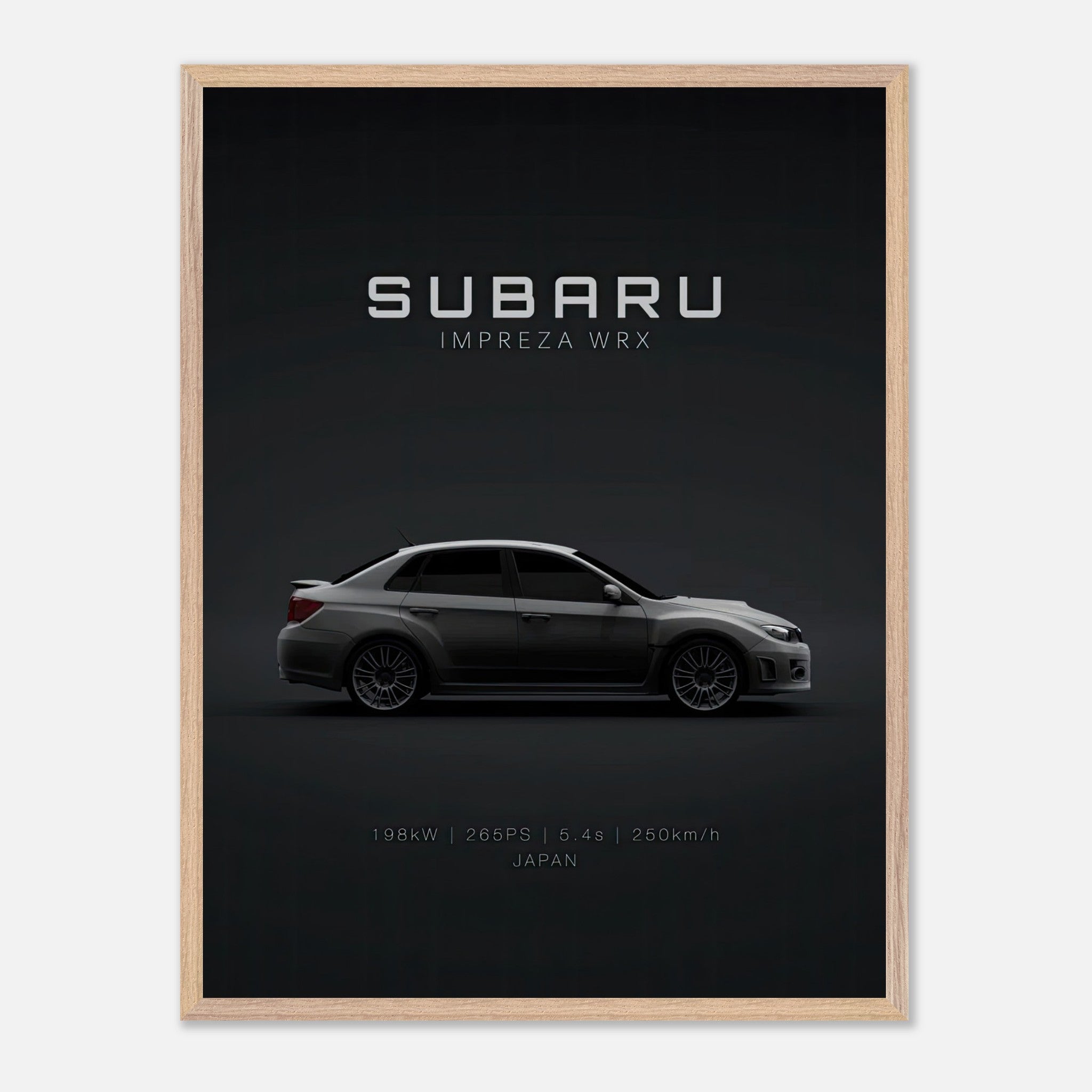 Subaru WRX vintage framed art showcasing sleek profile against dark backdrop, celebrating automotive design and engineering.