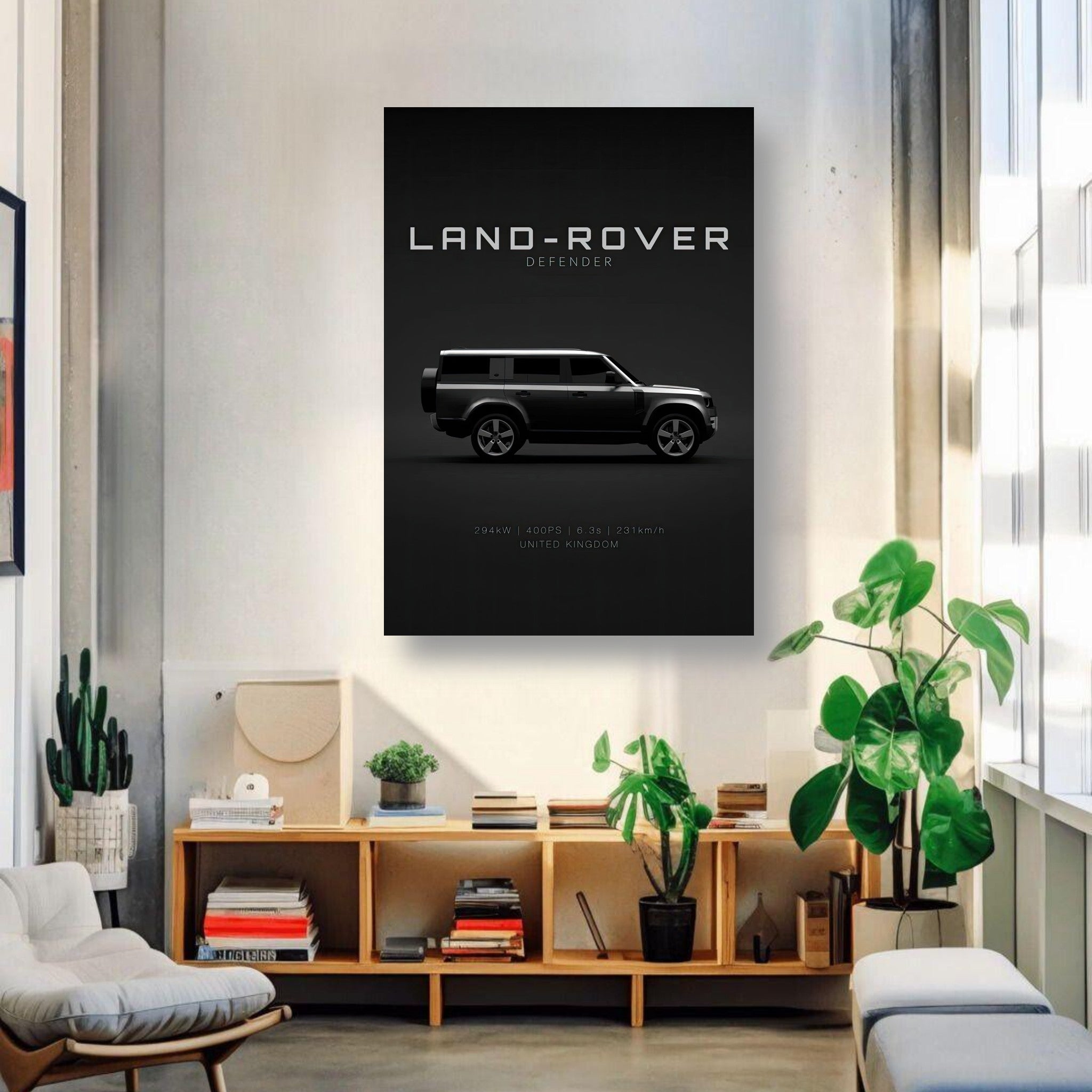 Land Rover Defender metal print showcased in a stylish living room, featuring sleek design against a black backdrop.