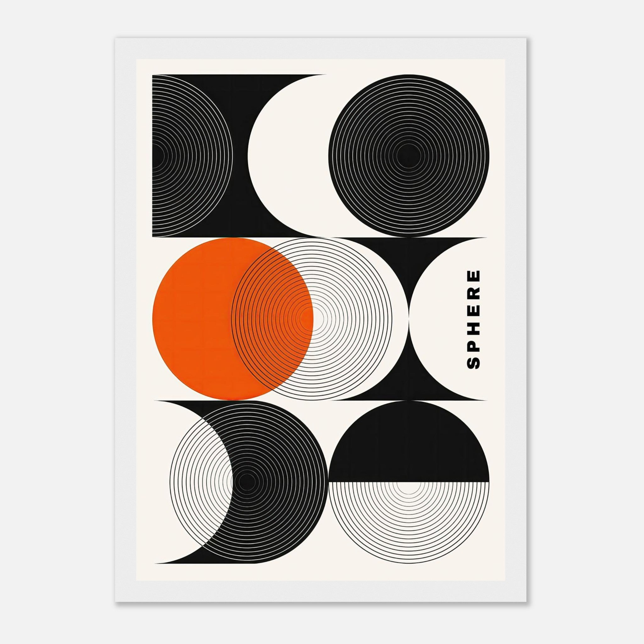 Abstract Geometric Sphere Art Framed Print featuring bold black and white patterns with a vibrant orange accent.