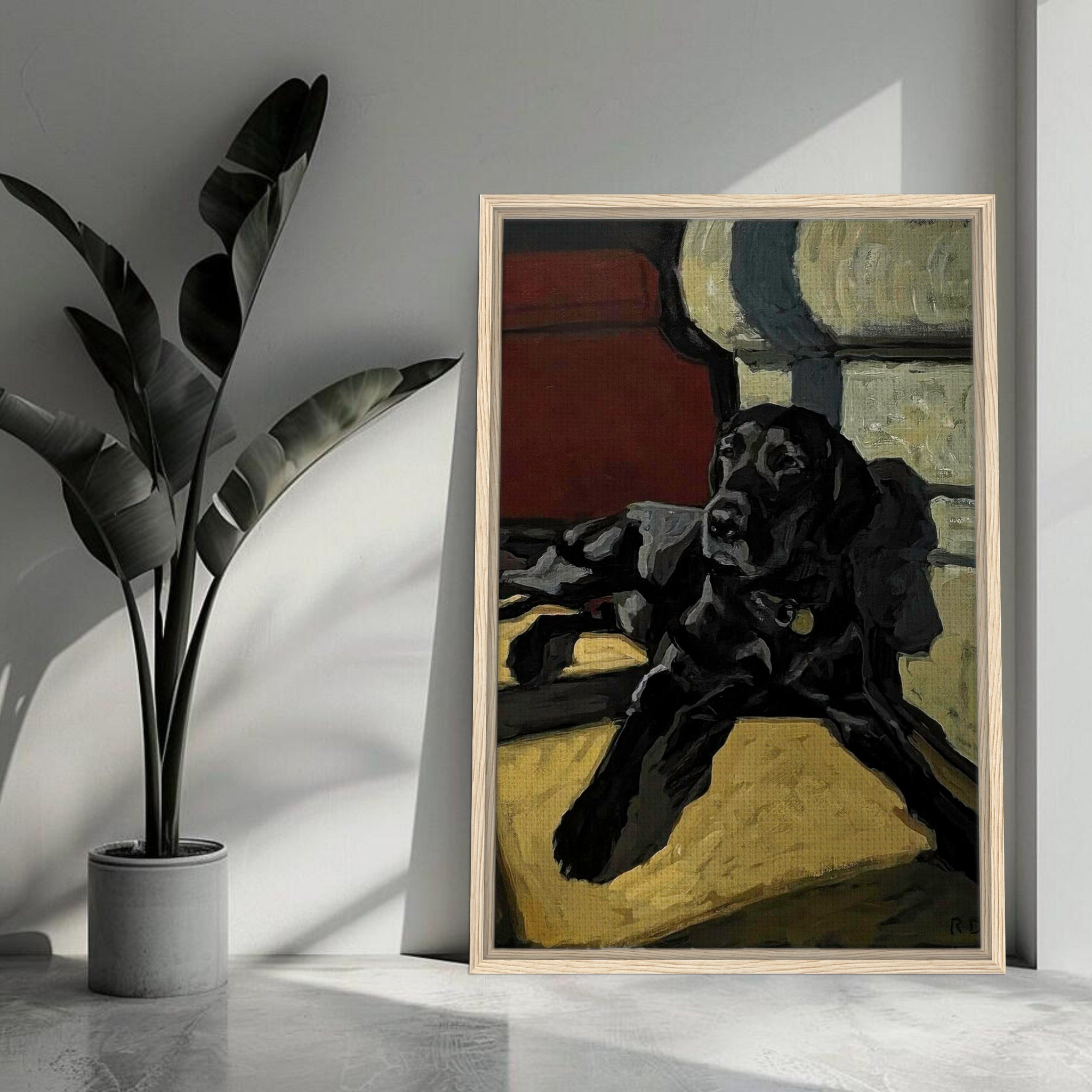 Framed painting of a black Labrador dog lounging in a sunlit room, showcasing warmth and loyalty.