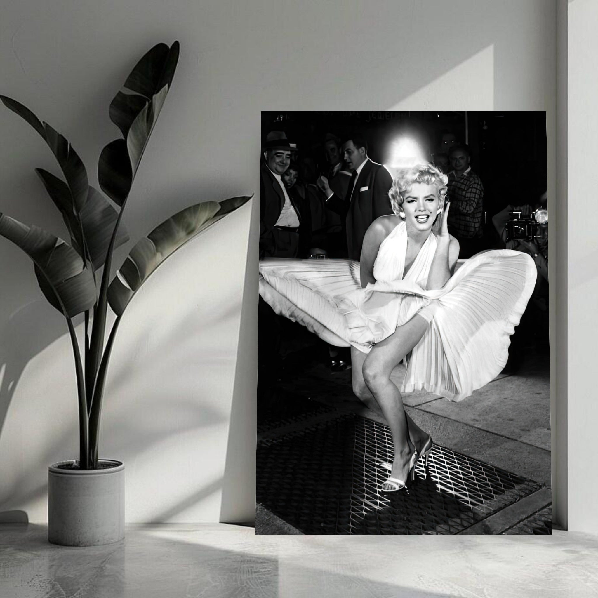 Marilyn Monroe in white dress, wind-blown photograph metal print, capturing Hollywood glamour and iconic moments.
