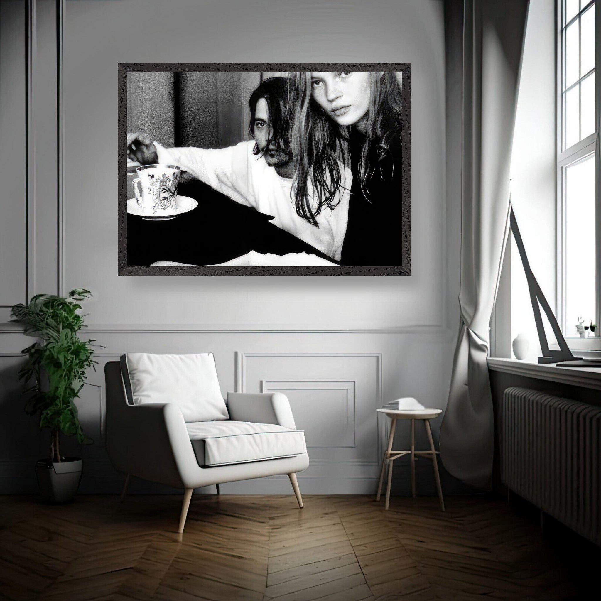 Black and white fine art print of Johnny Depp and Kate Moss in a stylish interior setting.