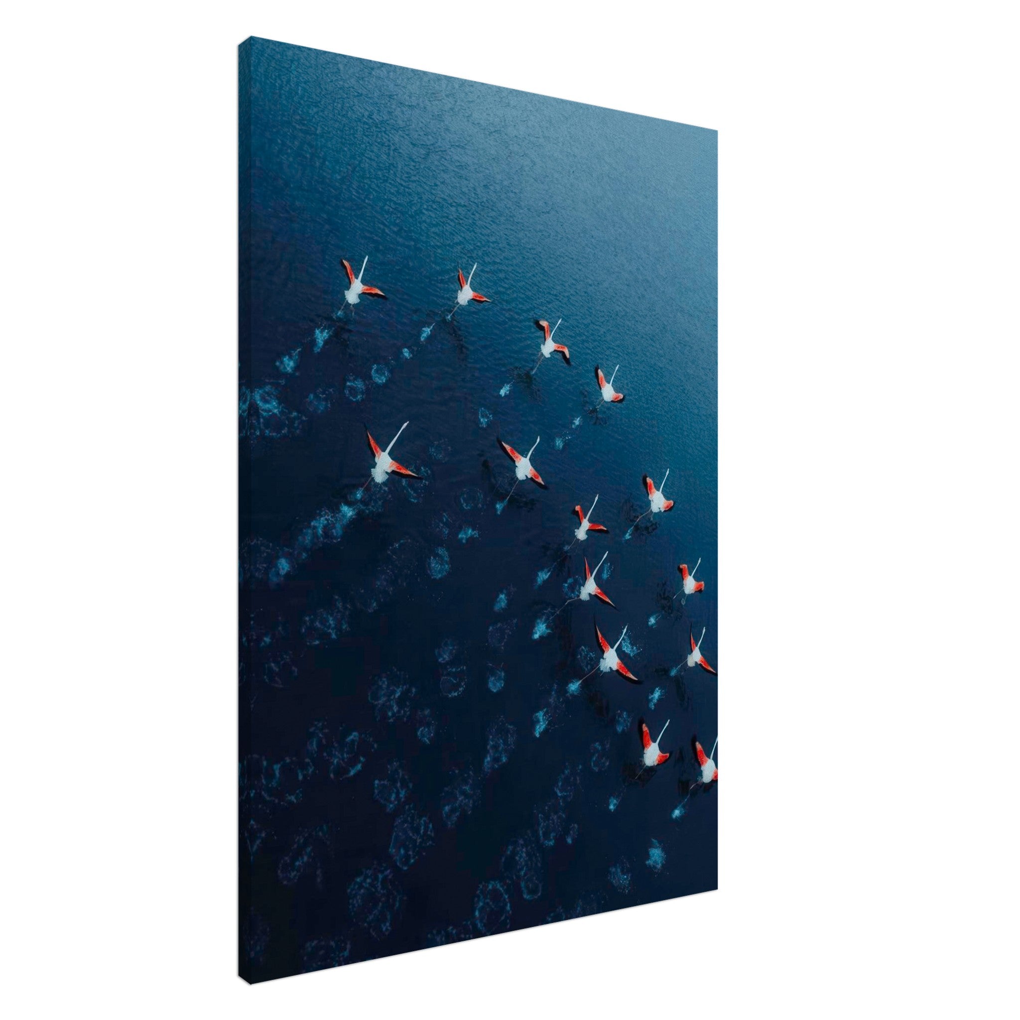 Aerial view of flamingos in flight over deep blue waters, vibrant pink against navy hues in a stunning canvas print.