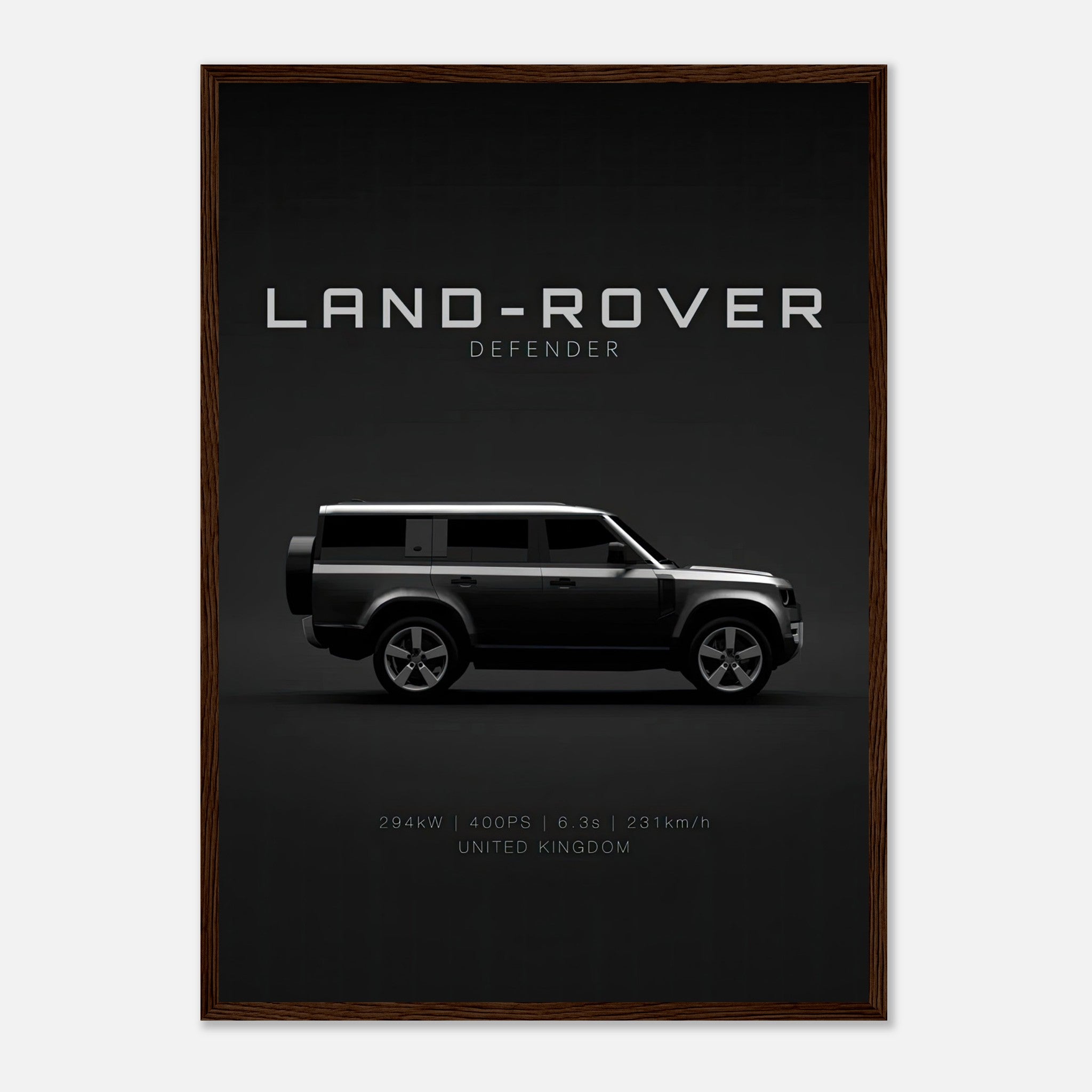 Framed print of a Land Rover Defender showcasing its side profile, highlighting its rugged elegance and design.