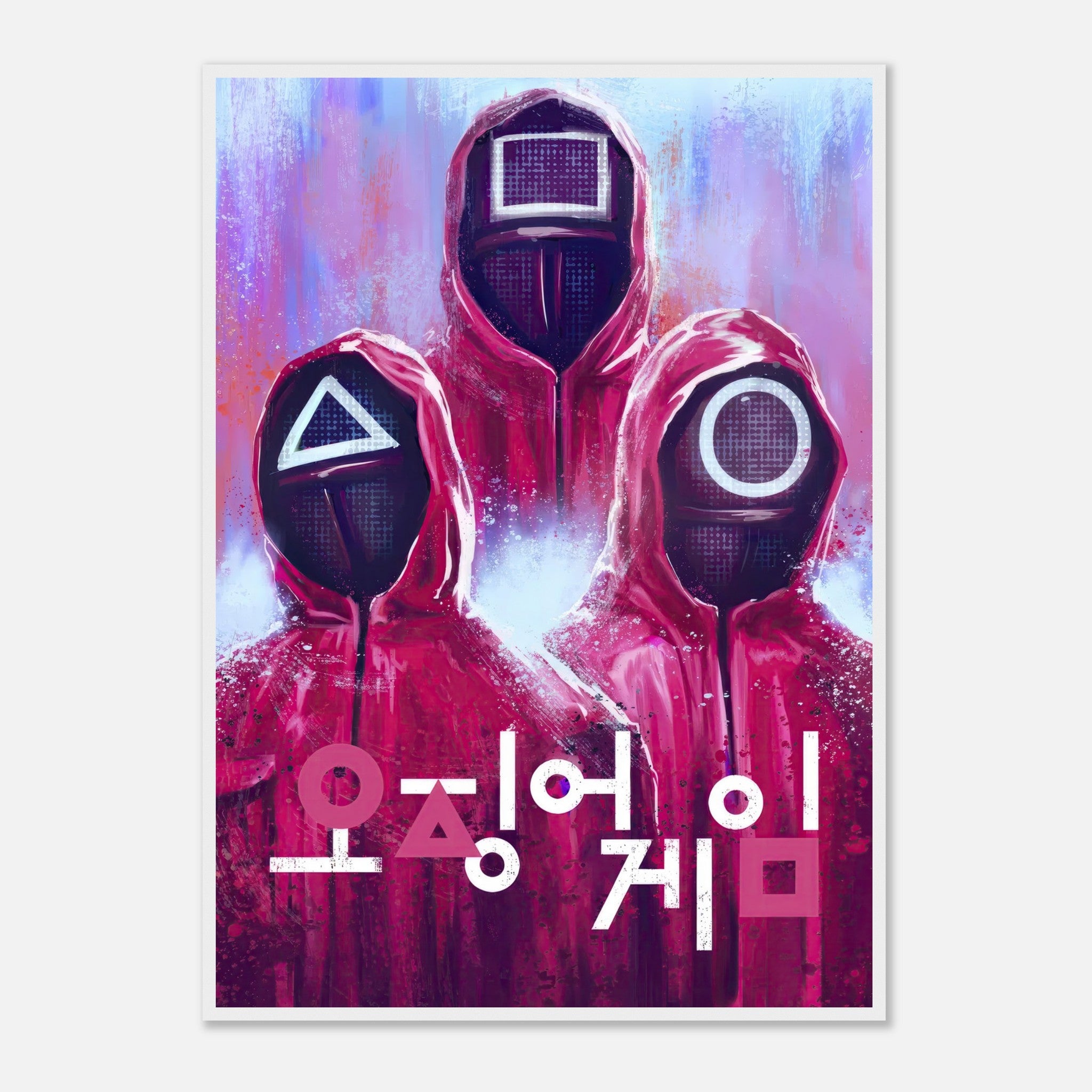 Squid Game framed poster featuring iconic red-suited guards with geometric masks and bold Korean typography.