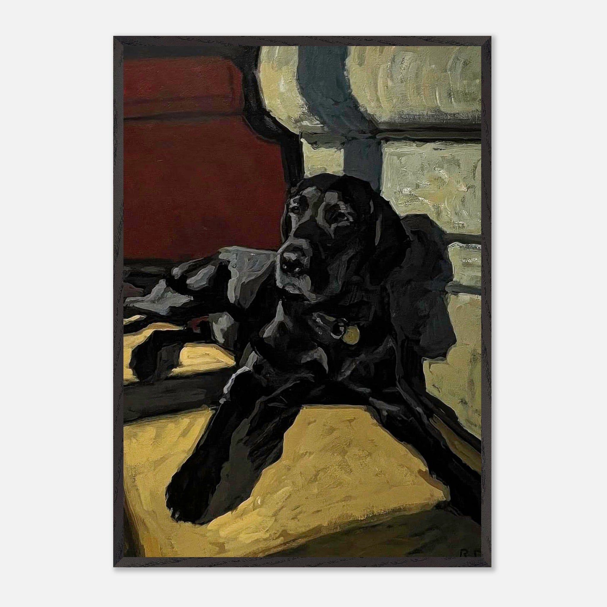 Vintage framed print of a Black Labrador dog lounging in warm light, highlighting its charm and expressive qualities.