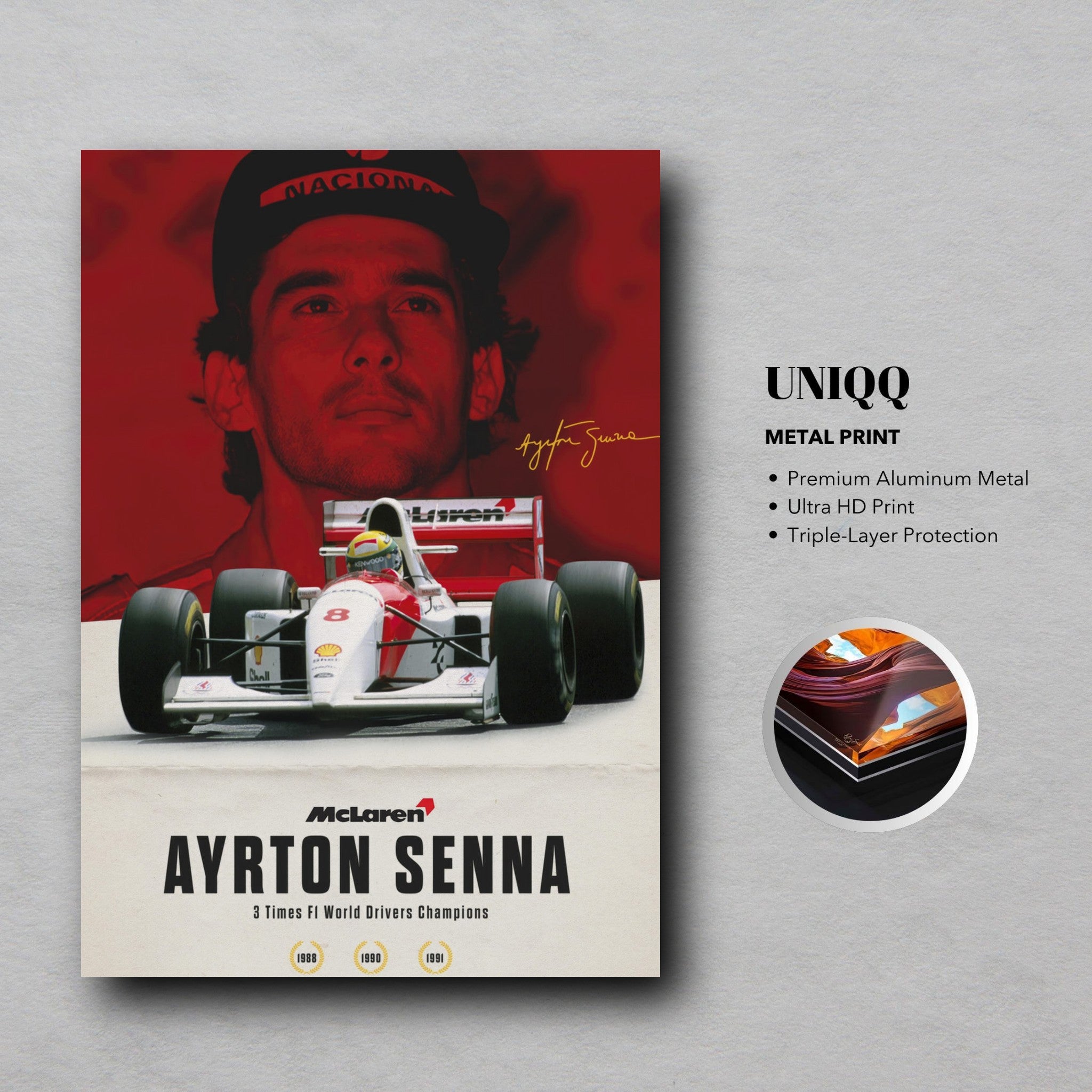 Ayrton Senna metal print featuring him in a McLaren MP4/4, vibrant red background, with signature and premium quality details.