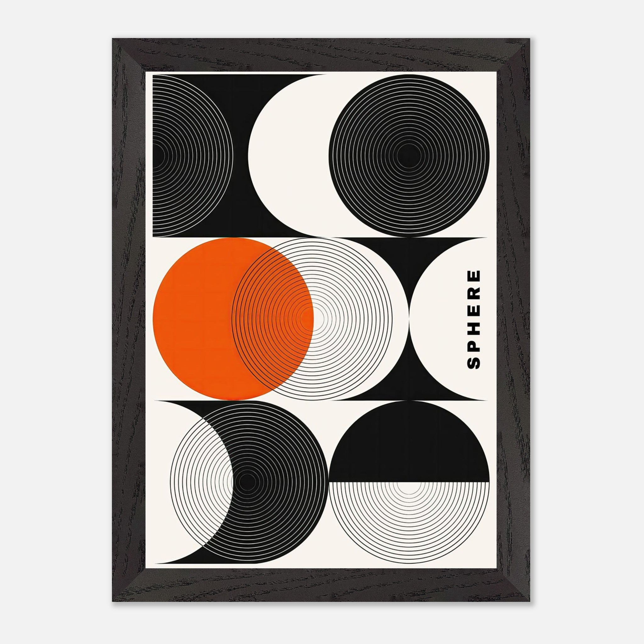 Abstract geometric sphere art print with concentric circles, framed in black, featuring bold orange and black contrasts.