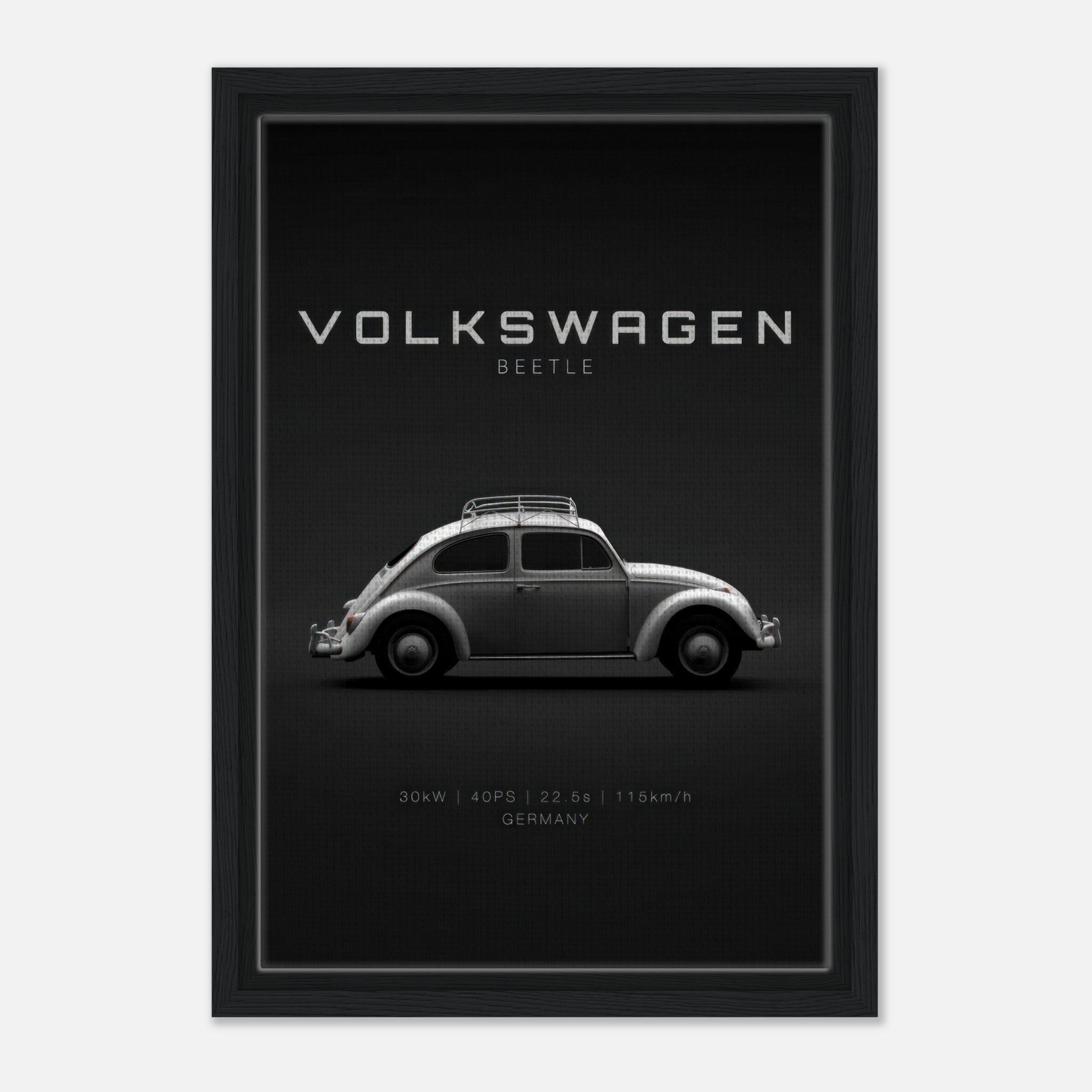 Volkswagen Beetle framed canvas artwork showcasing retro design with a sleek black background.