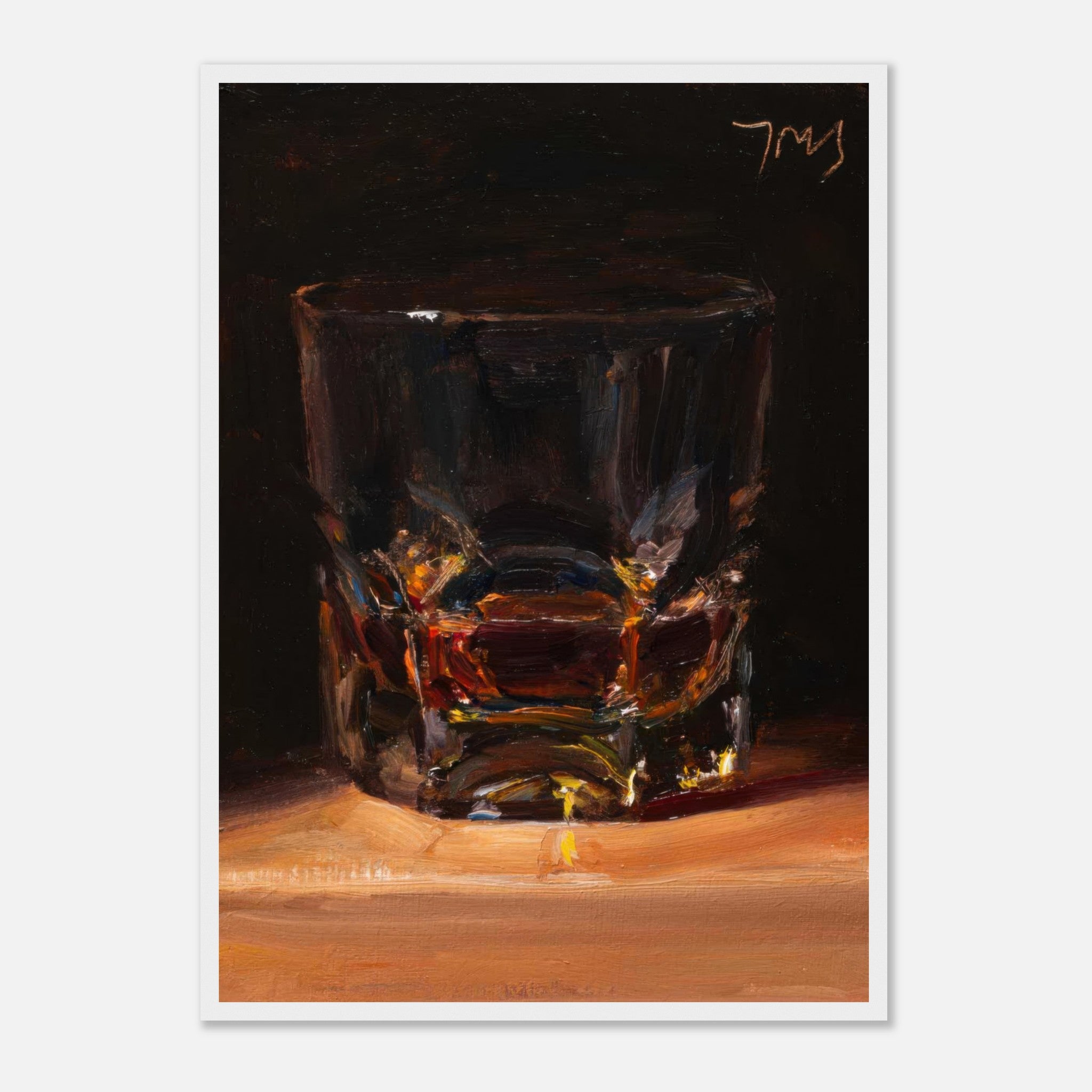 Whiskey framed print showcasing a glass with deep amber liquid on a dark background, perfect for home decor.