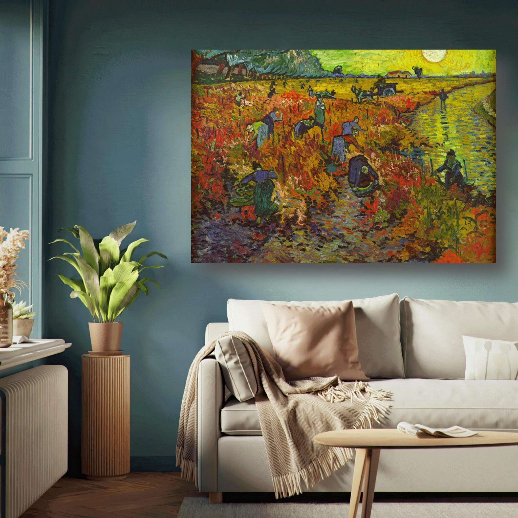 The Red Vineyard by Van Gogh metal print displayed in a modern living room, showcasing vibrant autumn hues and dynamic brushstrokes.