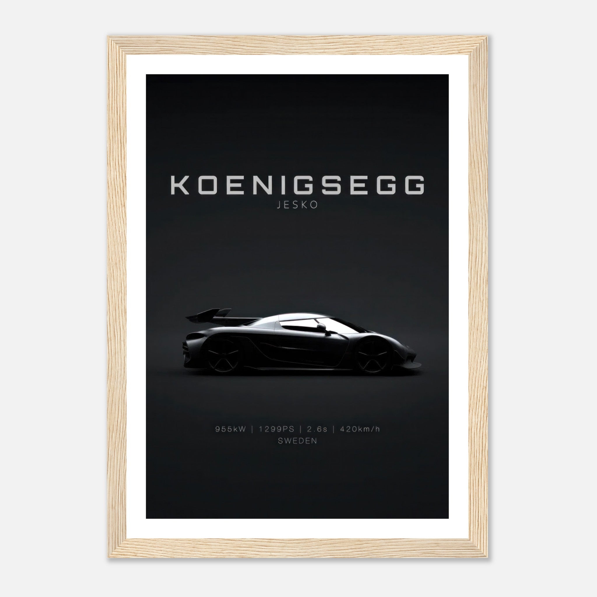 Koenigsegg Jesko framed poster showcasing sleek silhouette on a minimalist black background, perfect for car enthusiasts.