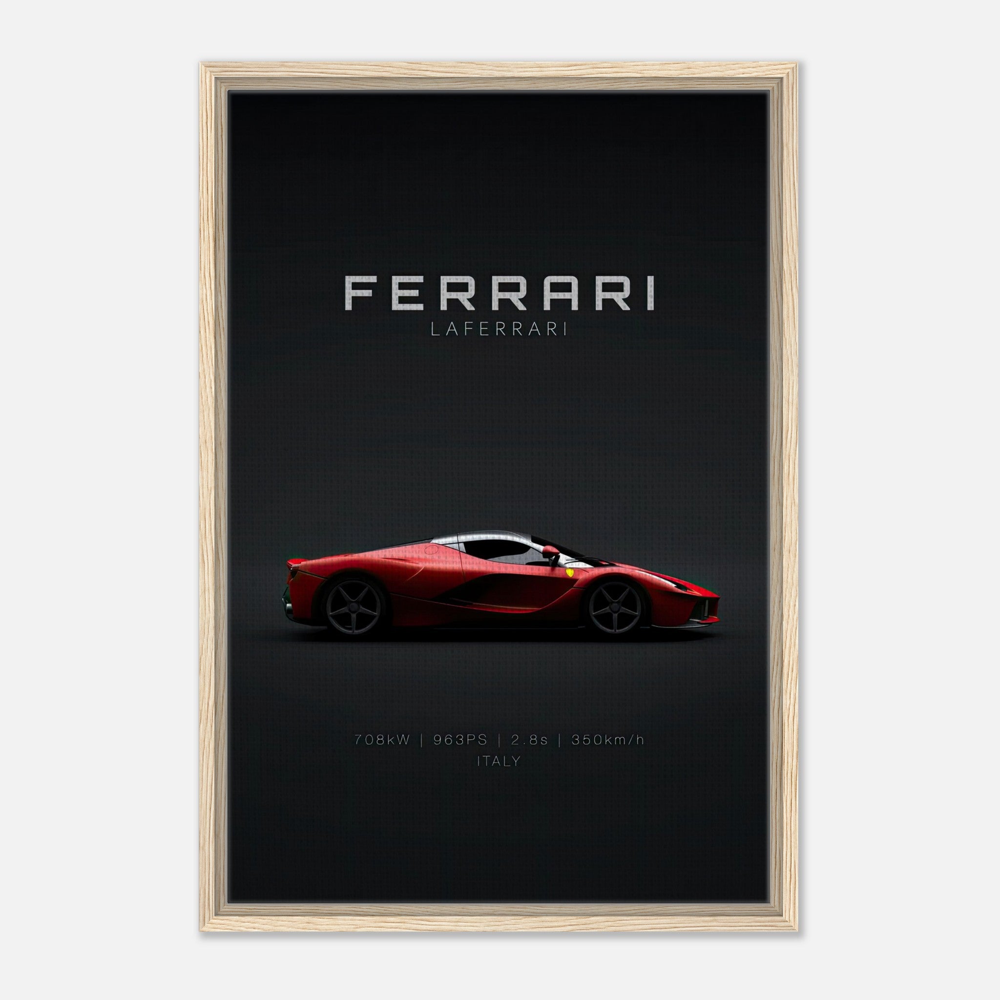 Framed canvas of Ferrari Laferrari showcasing its sleek design against a minimalist black background.