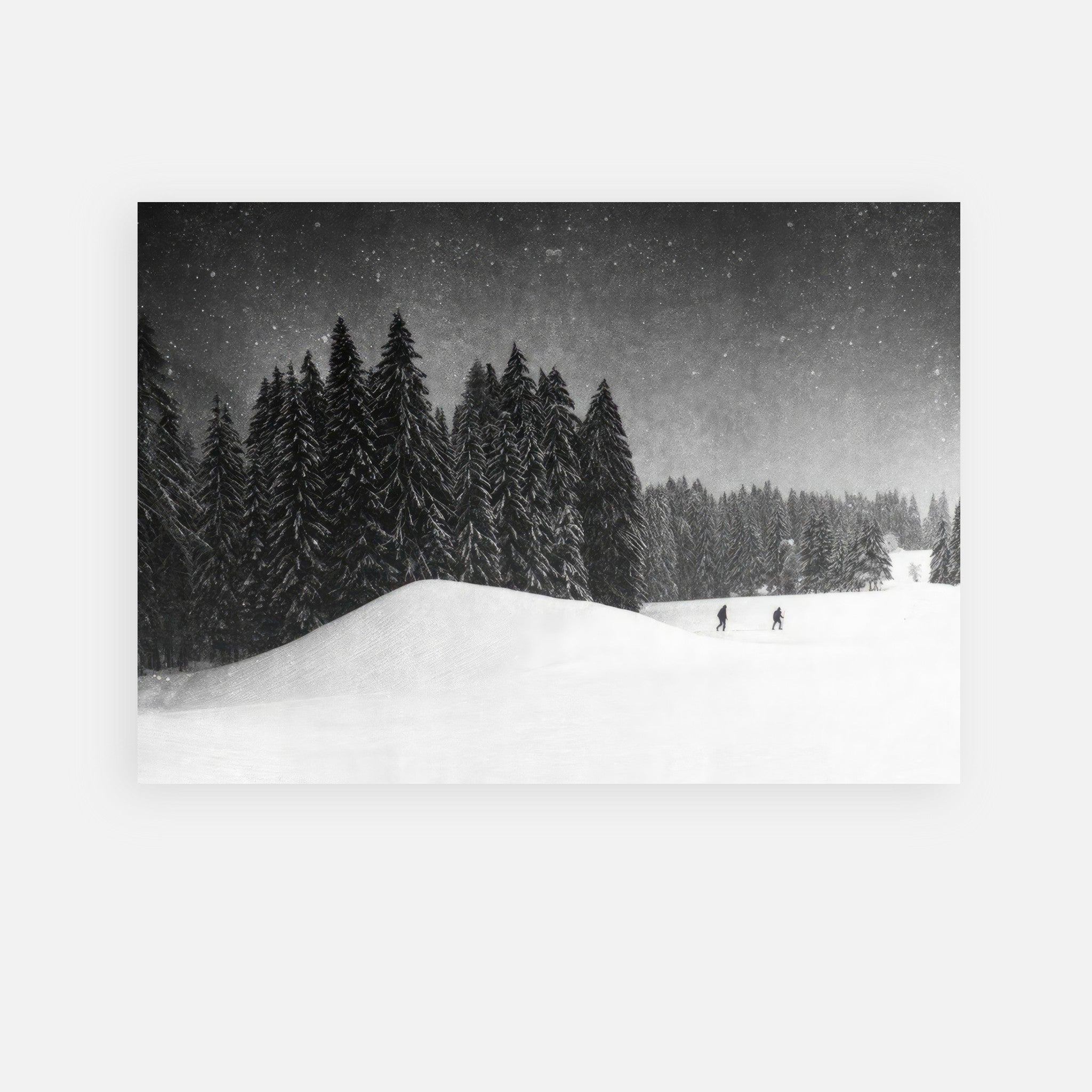 Winter Crossing Poster showcasing snow-covered landscapes and towering evergreens under a starry sky.