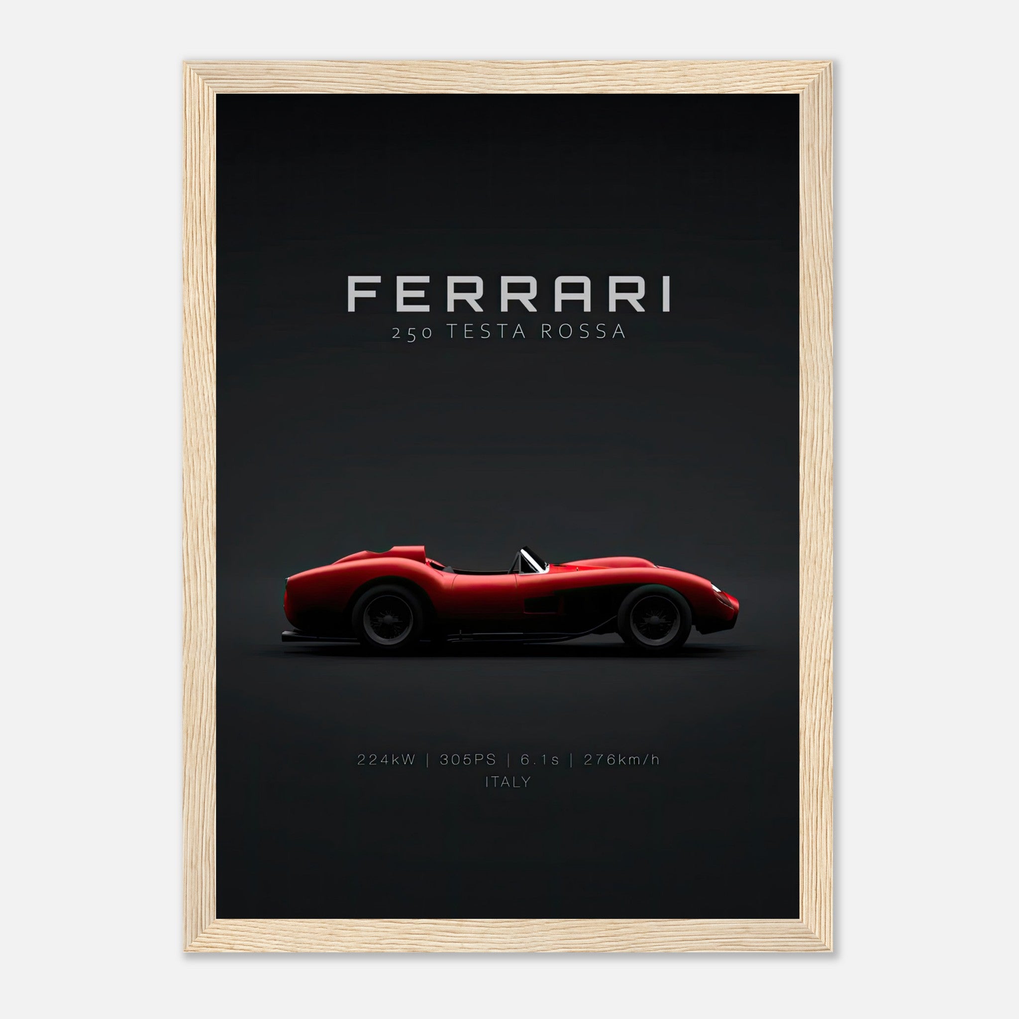 Ferrari 250 Testa Rossa framed poster showcasing iconic car design on a sleek black background.
