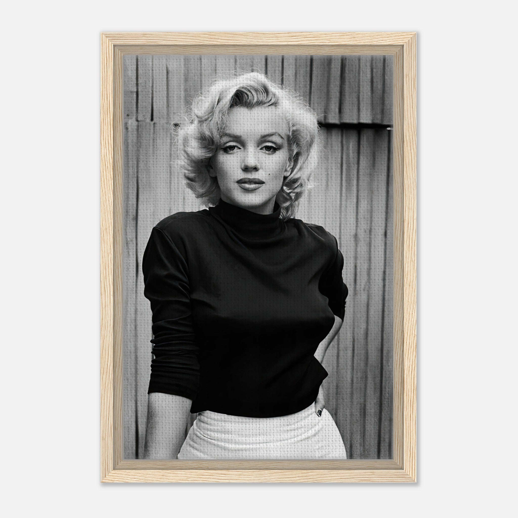 Black-and-white framed canvas print of Marilyn Monroe, showcasing her timeless elegance and iconic beauty.