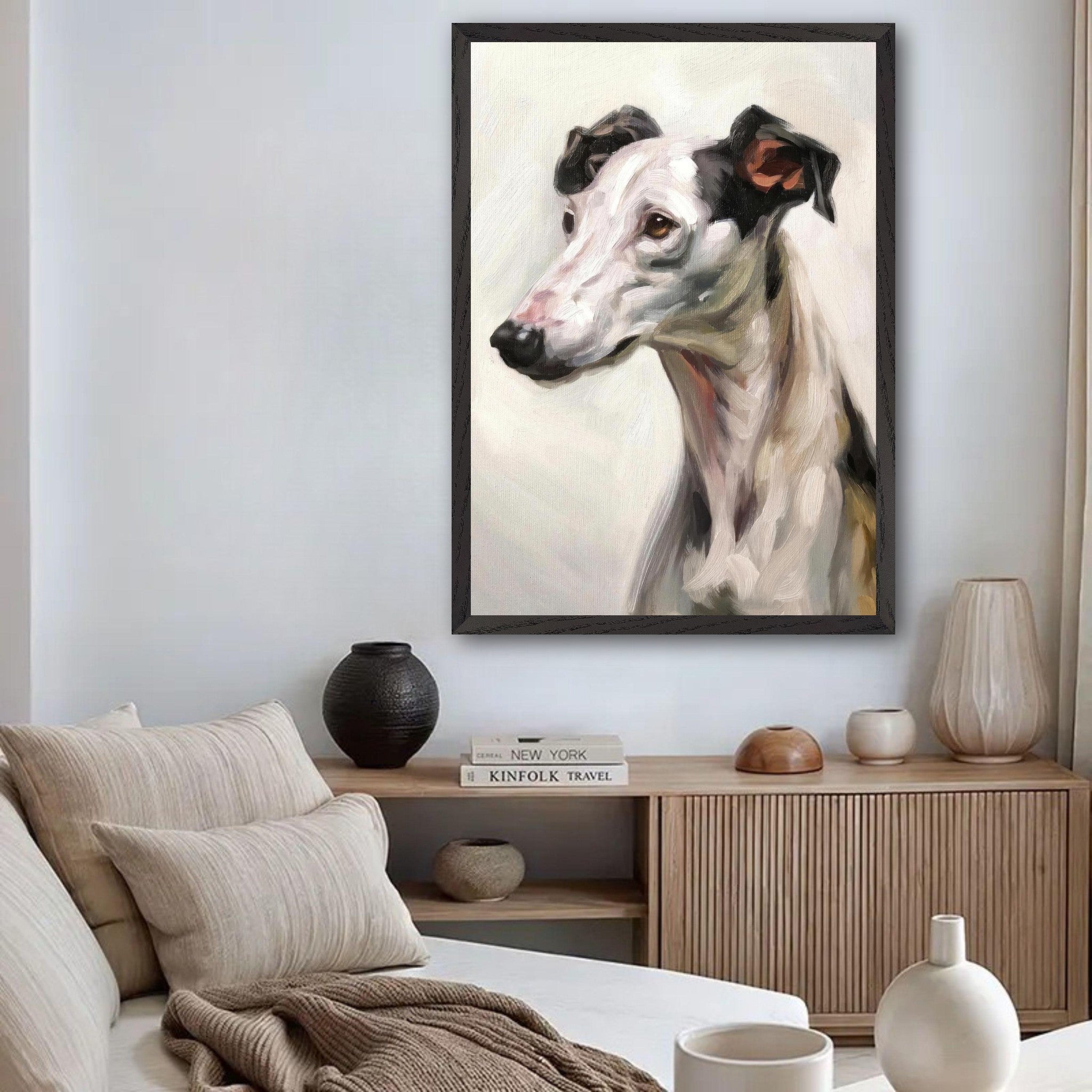 Elegant Greyhound dog painting in a cozy living room setting; fine art Giclée print showcasing detailed brushstrokes.
