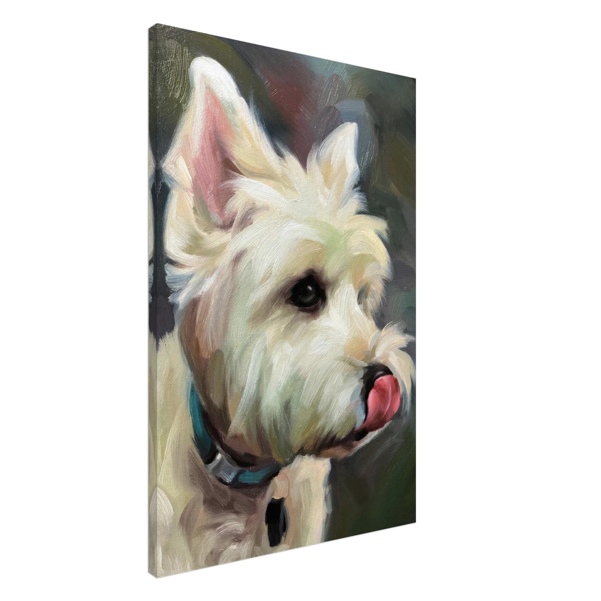 Lifelike Westie dog painting canvas print showcasing an adorable pup with a playful tongue-out pose.
