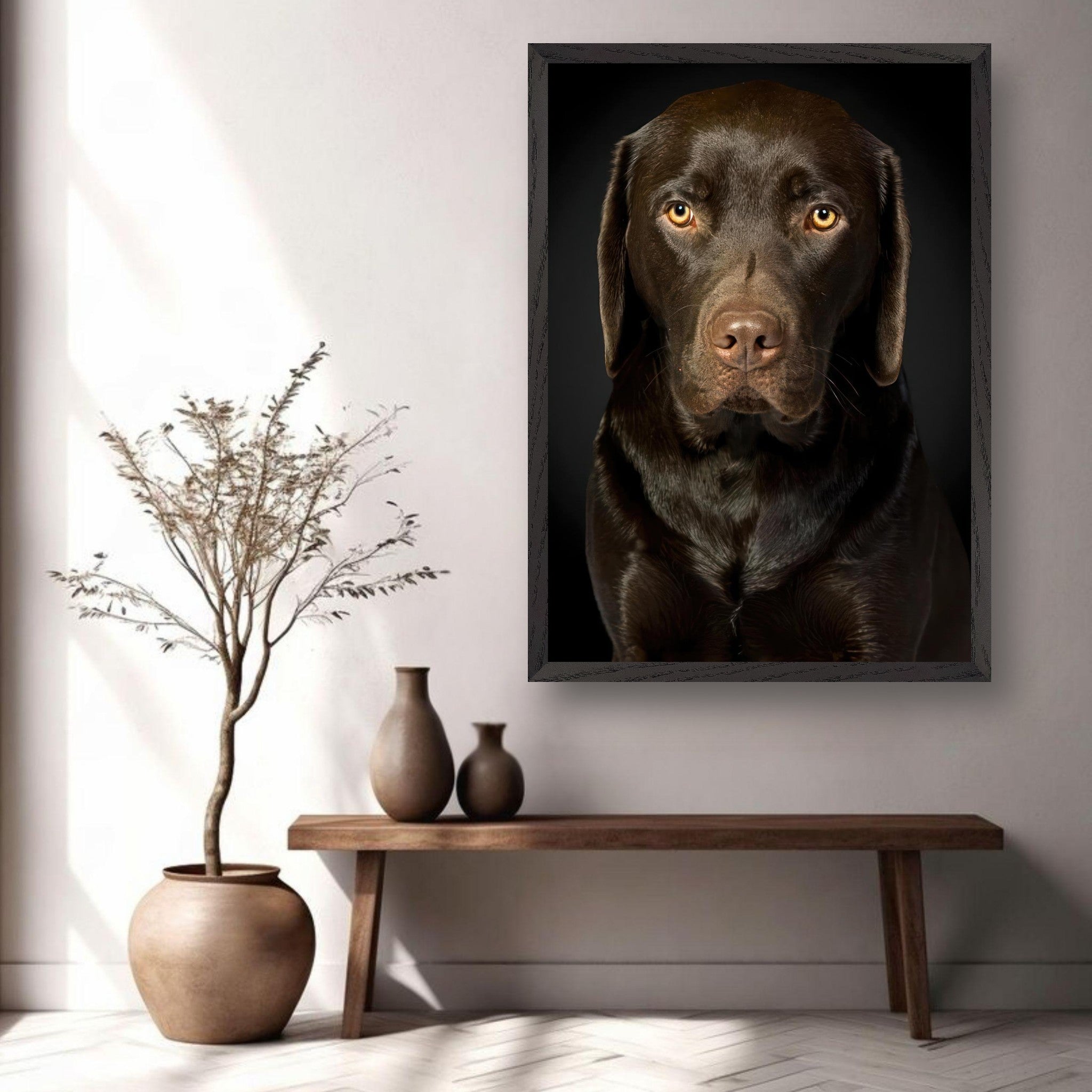 Chocolate Labrador portrait in a stylish frame, showcasing the dog's soulful gaze and glossy coat in a modern setting.