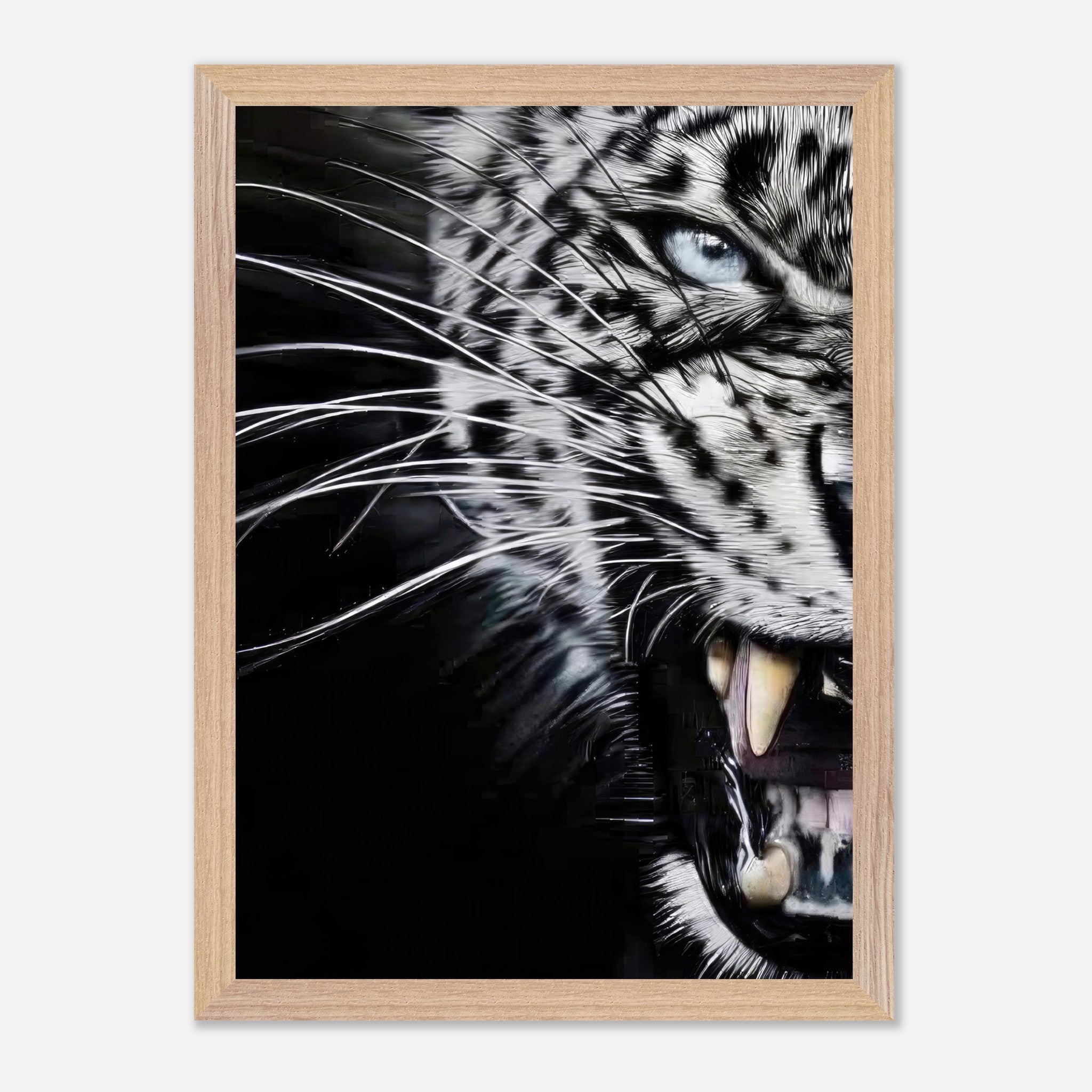 Close-up portrait of a fierce leopard with blue eyes and sharp fangs in a vintage framed print.