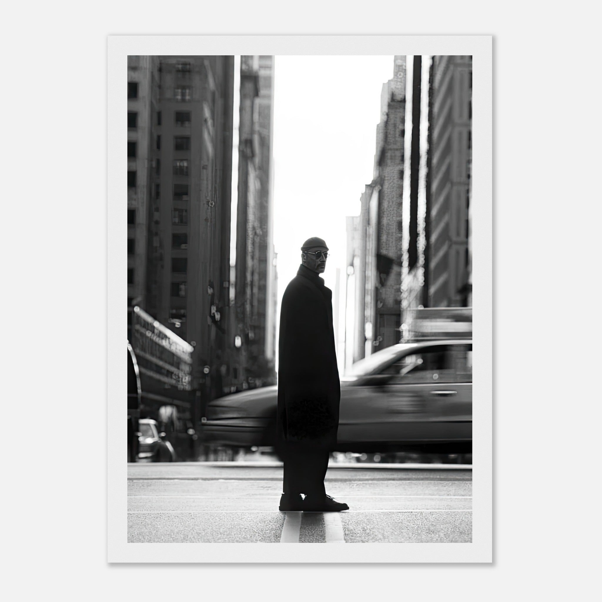 Black-and-white framed print of Jean Reno as Leon standing on a New York street.