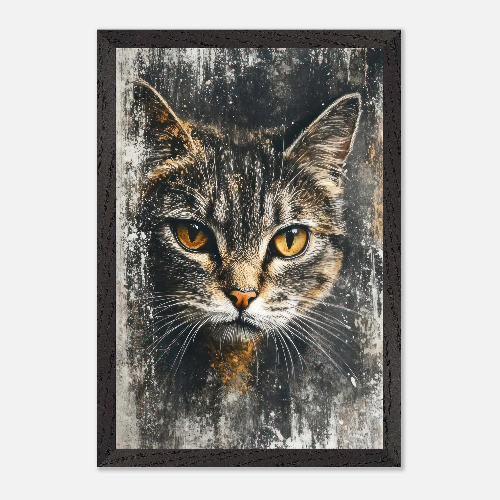 Cat painting artwork featuring a majestic feline with golden eyes and intricate fur details on textured canvas.