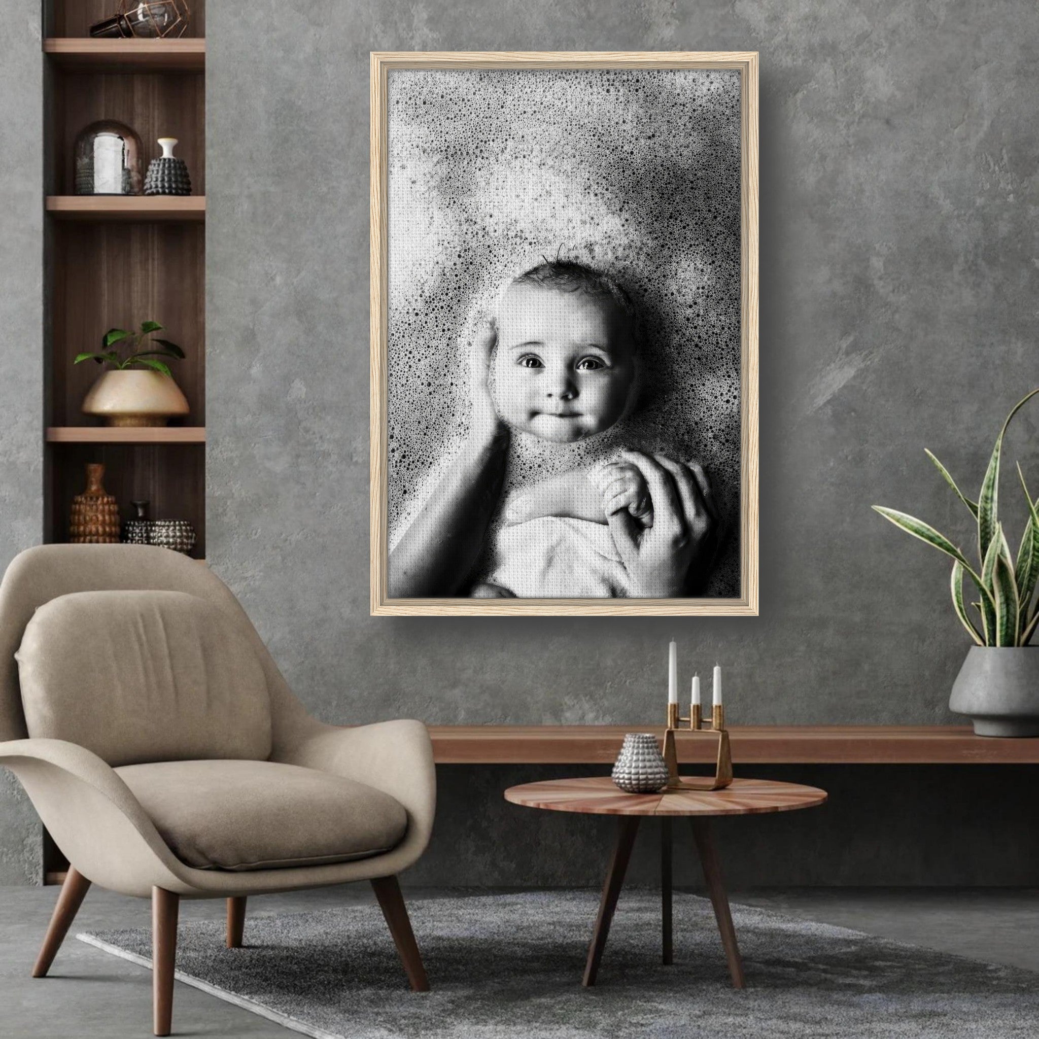 Framed canvas print of a smiling baby in a bubble bath, showcasing warmth and innocence in a modern living room.