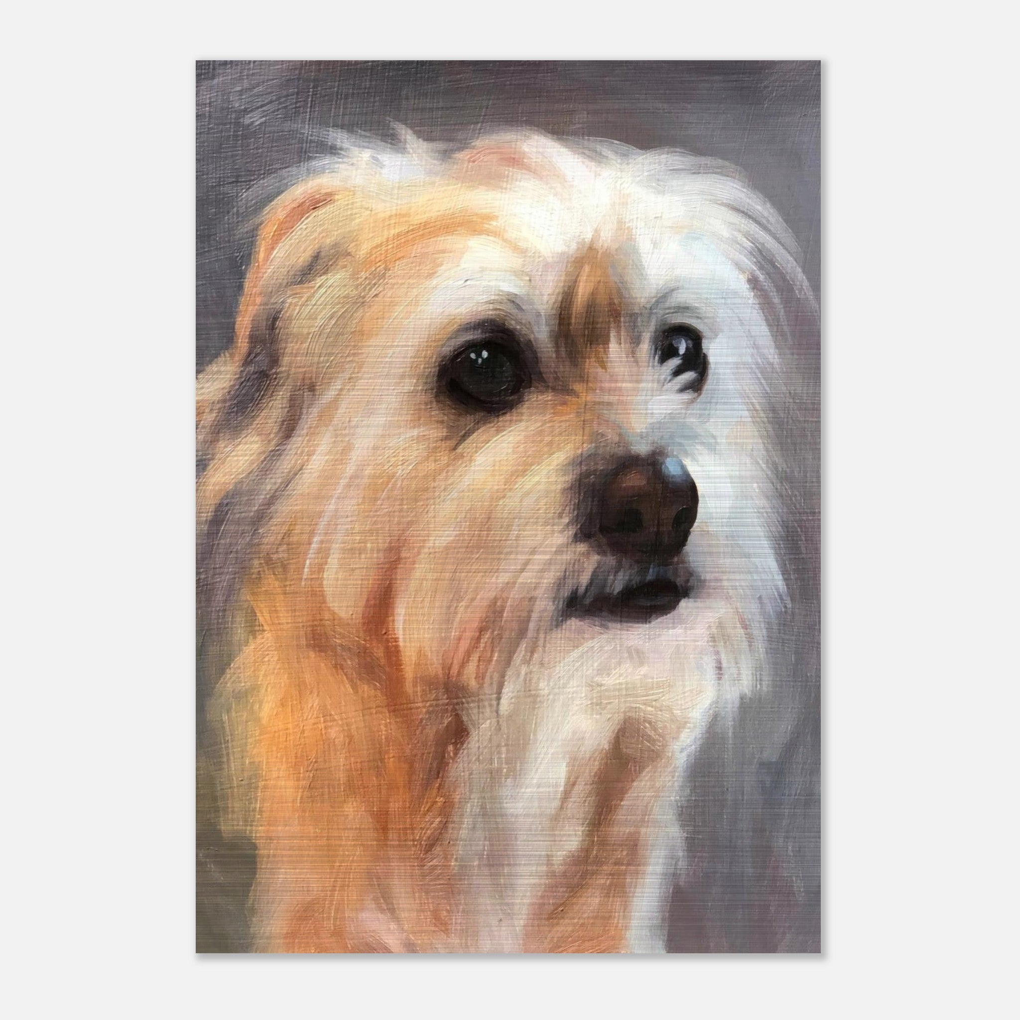 Terrier dog painting on brushed metal, highlighting expressive eyes and textured fur.