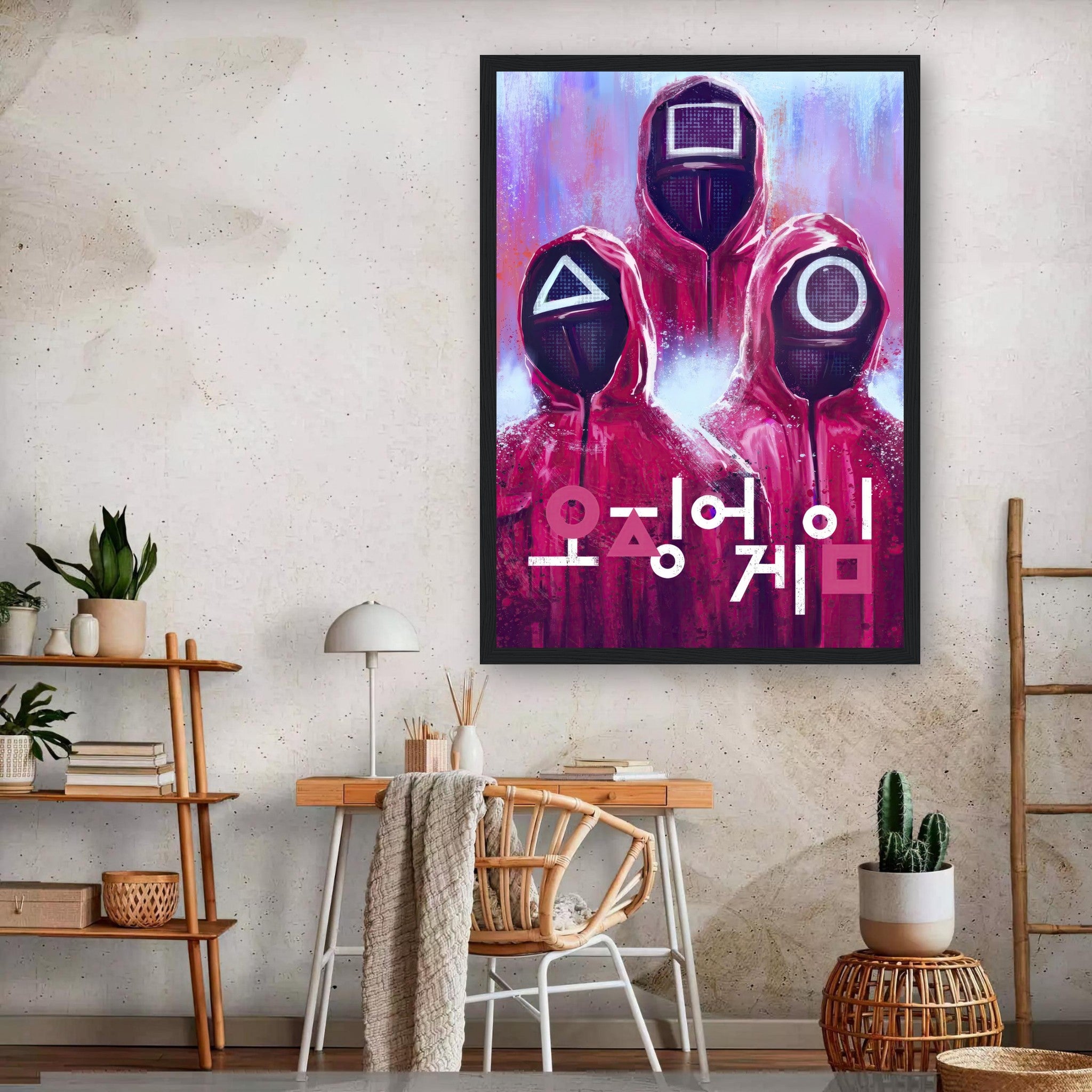 Framed poster of Squid Game featuring iconic guards in red suits and geometric masks, enhancing home decor.