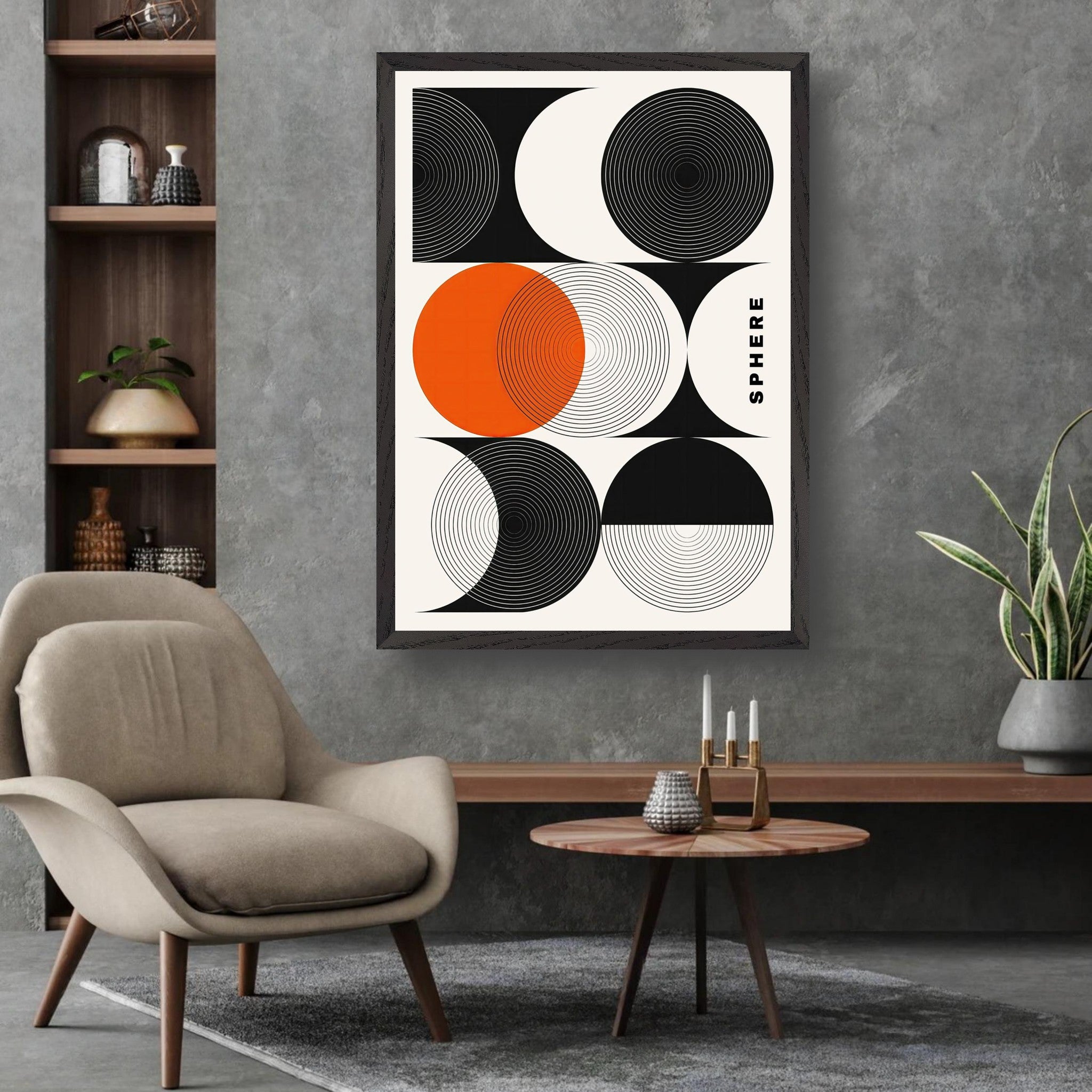 Abstract Geometric Sphere Art print in black and orange, displayed in a modern interior with minimalistic decor.