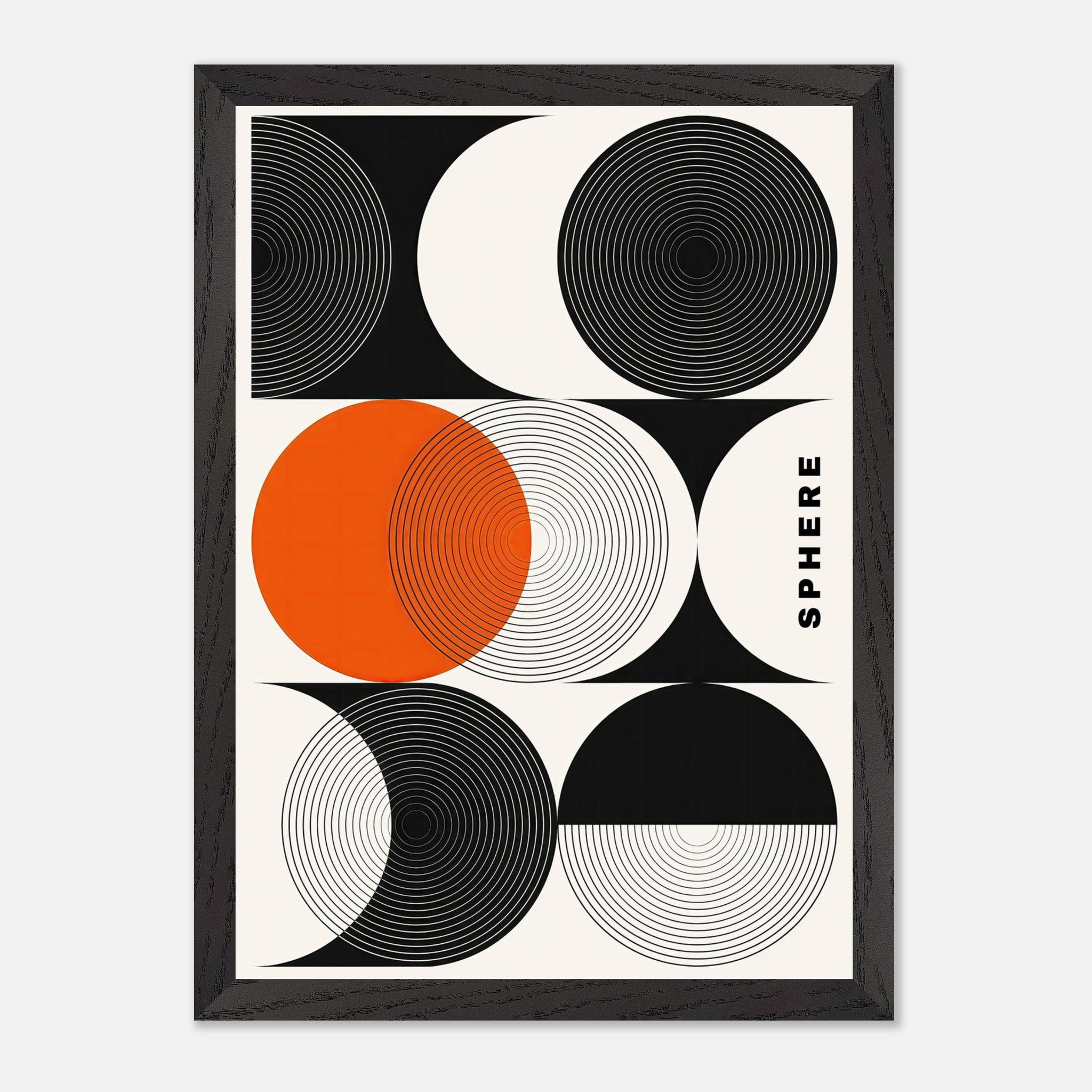 Abstract geometric sphere art print featuring black, white, and orange concentric circles in a vintage frame.