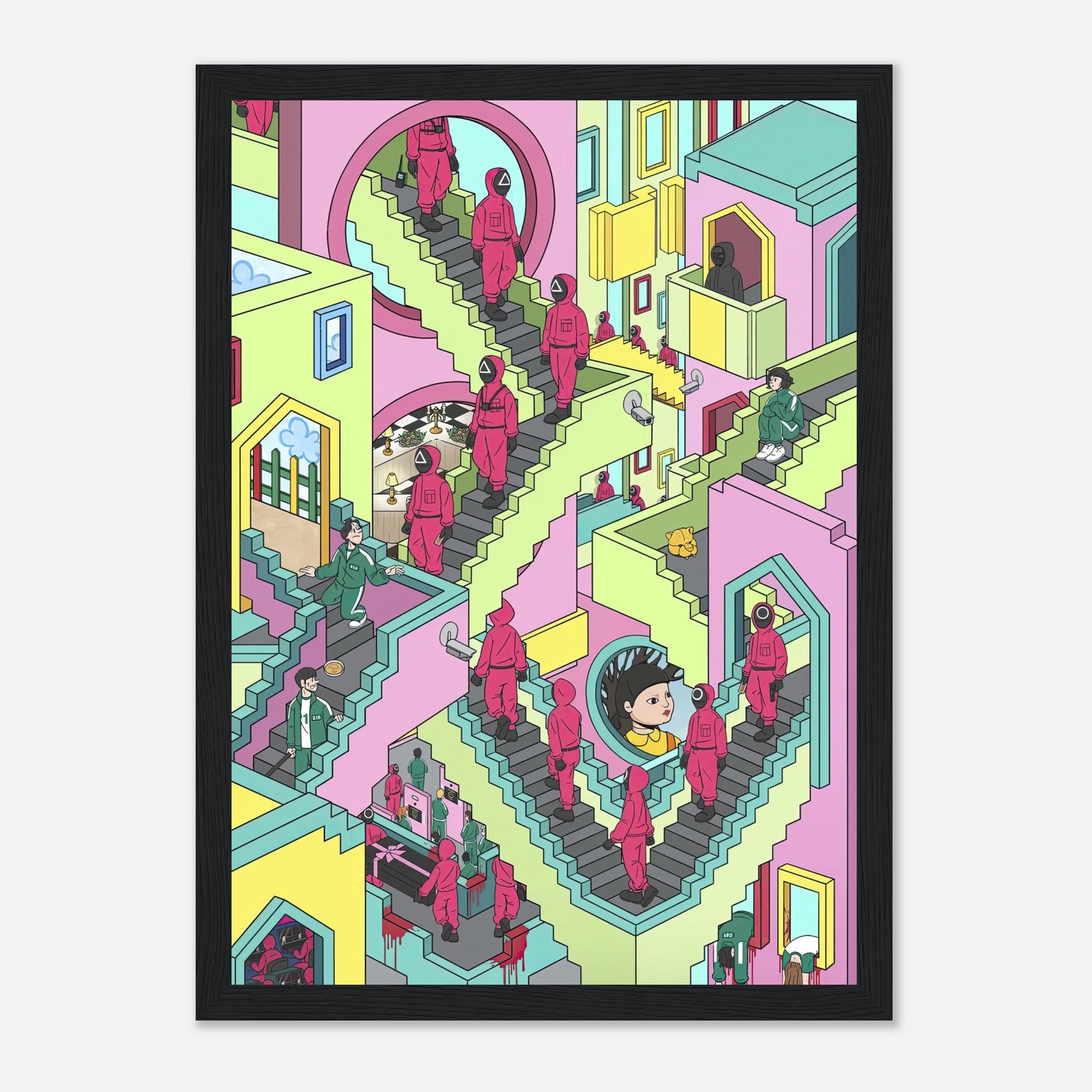 Vibrant Squid Game Stairs framed print featuring surreal staircase design and faceless guards in pastel colors.