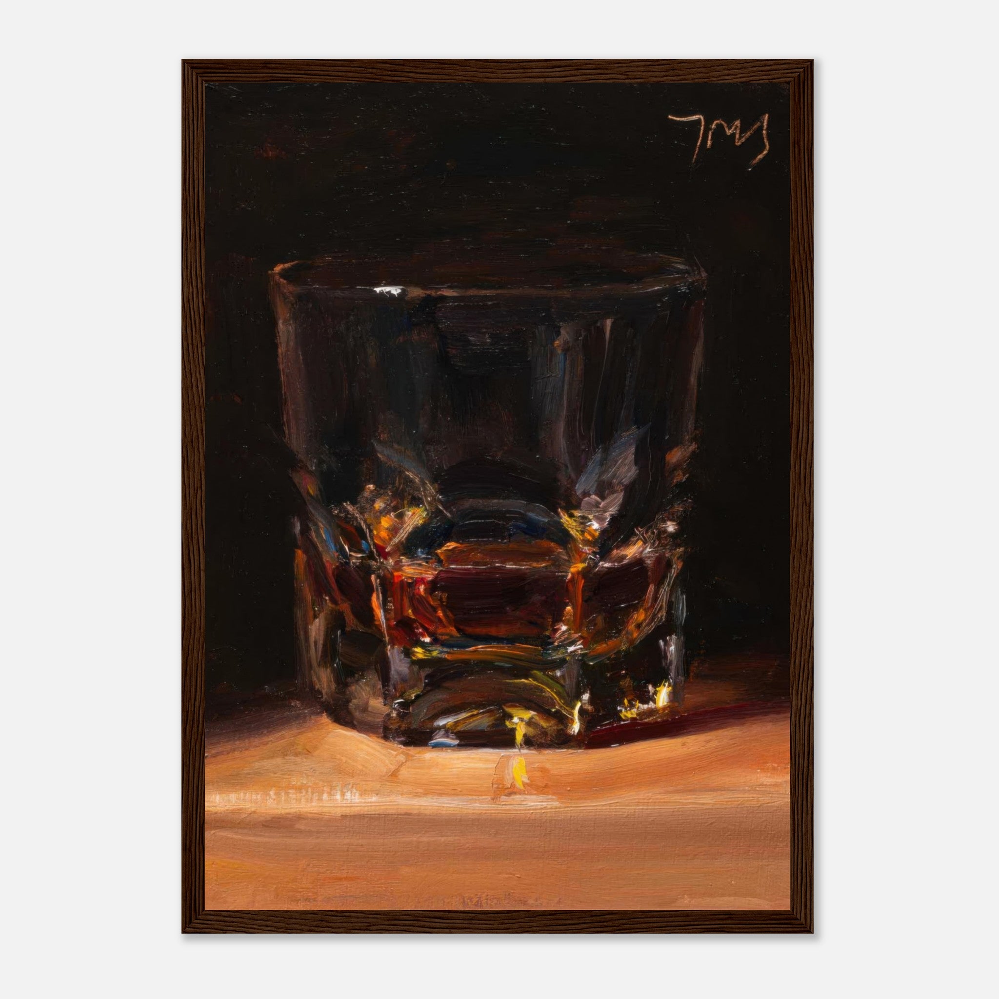 Whiskey framed print featuring a glass with amber liquid, showcasing rich color and elegant brushstrokes.