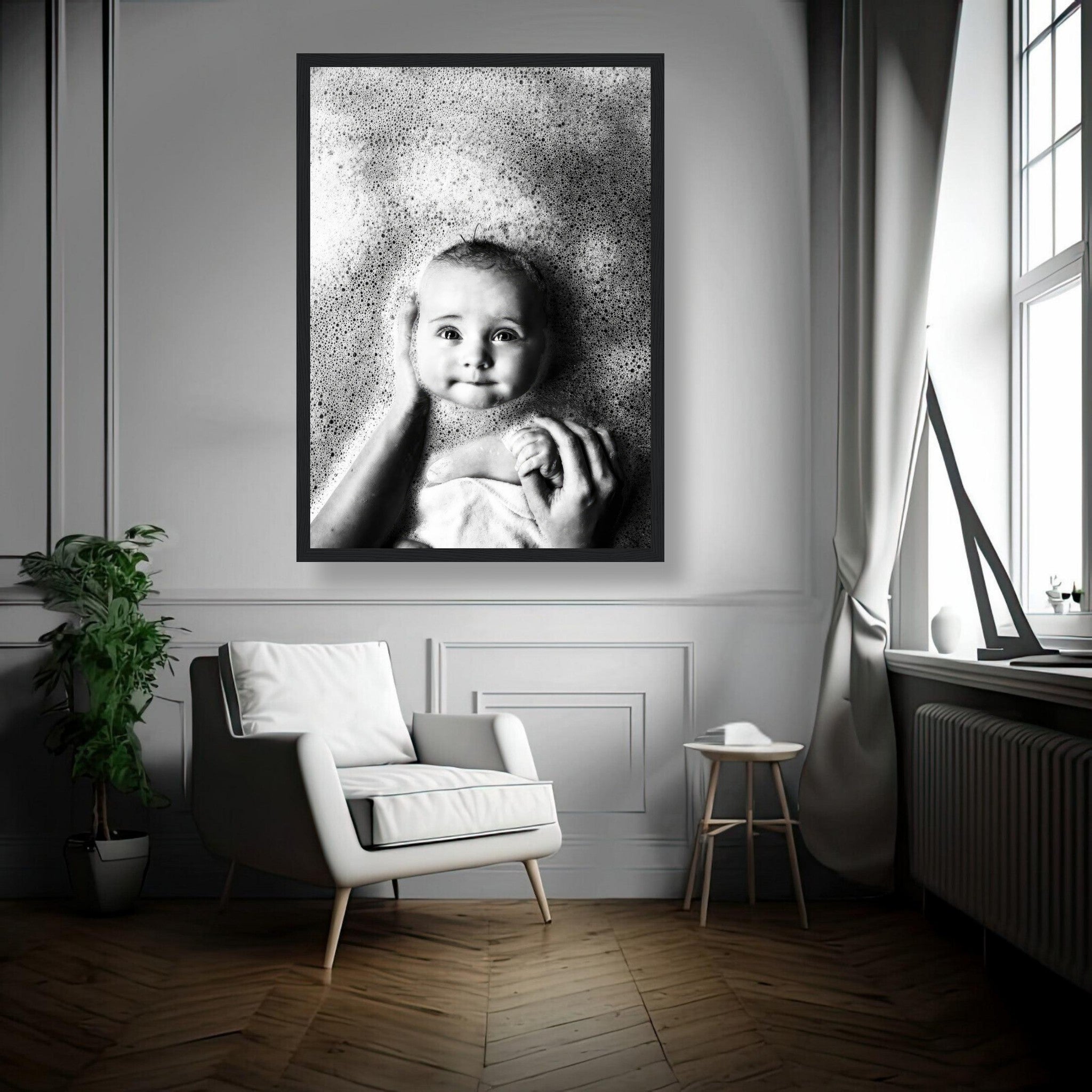 Black-and-white framed print of a smiling baby in a bath surrounded by bubbles, perfect for nursery decor.