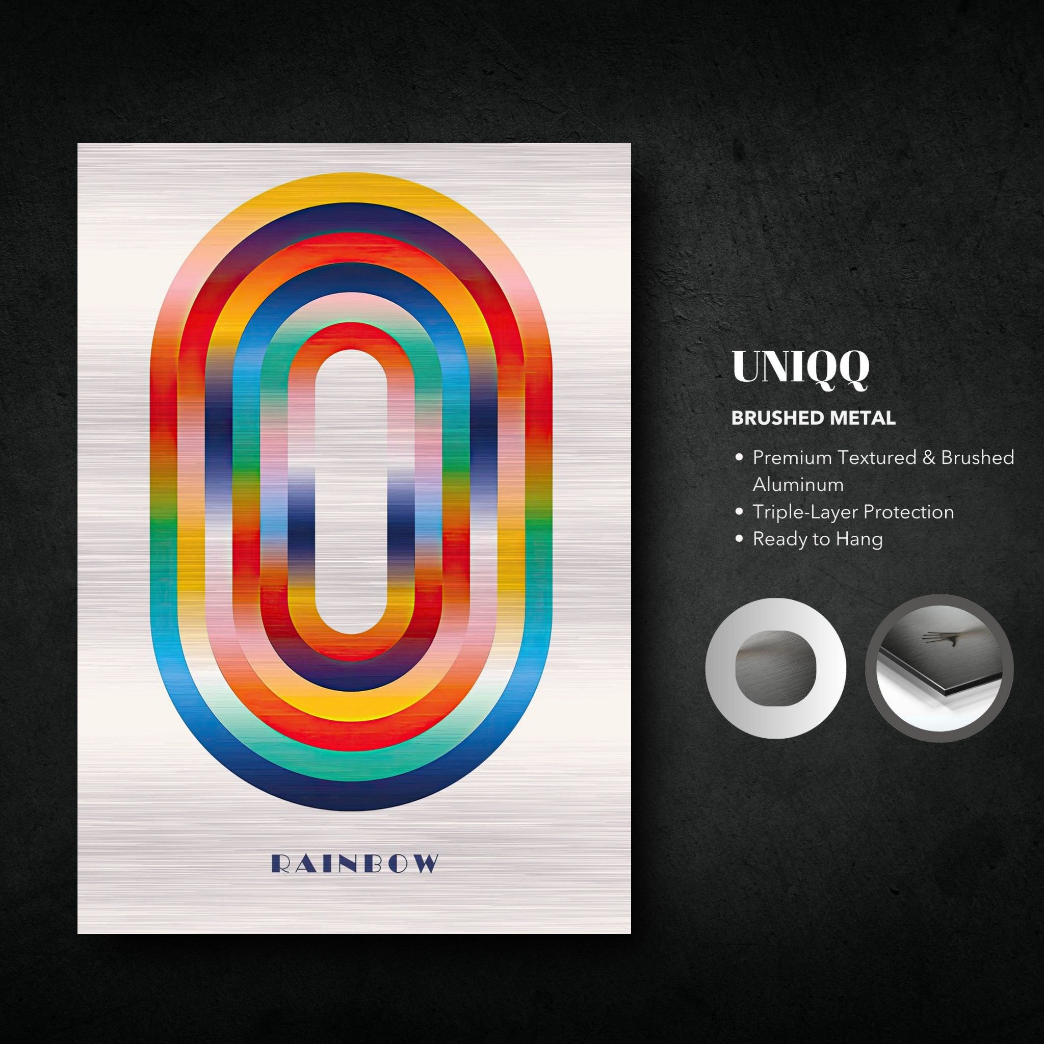 Abstract rainbow geometric art print on brushed metal, featuring vibrant colors and sleek modern design.