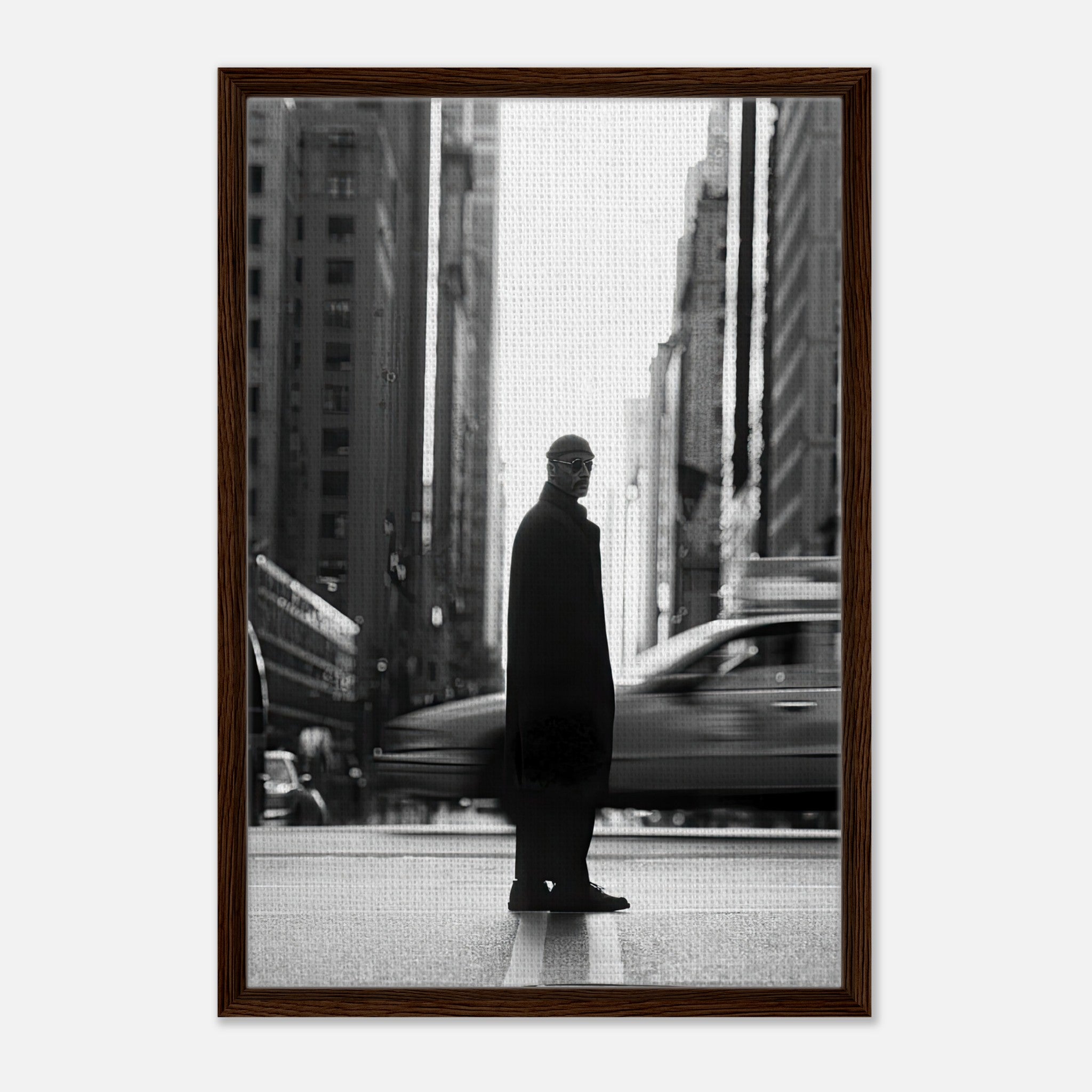 Jean Reno as Leon in a black-and-white framed canvas, set against a bustling New York City backdrop.