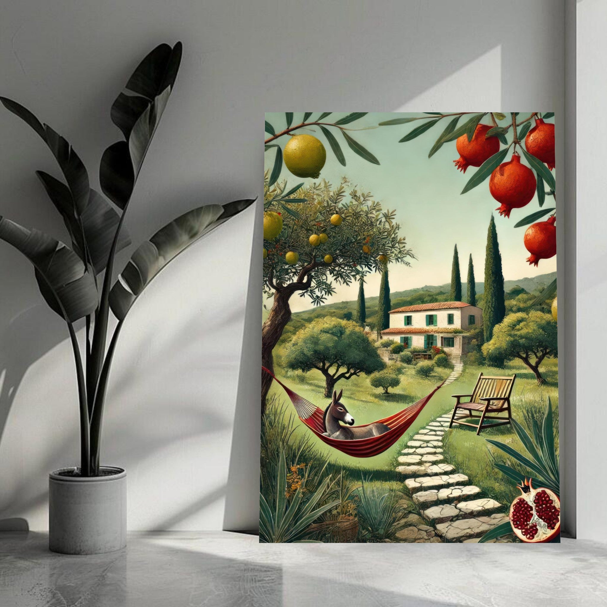Mediterranean rural landscape metal print featuring a cozy hammock, olive trees, and a charming farmhouse.