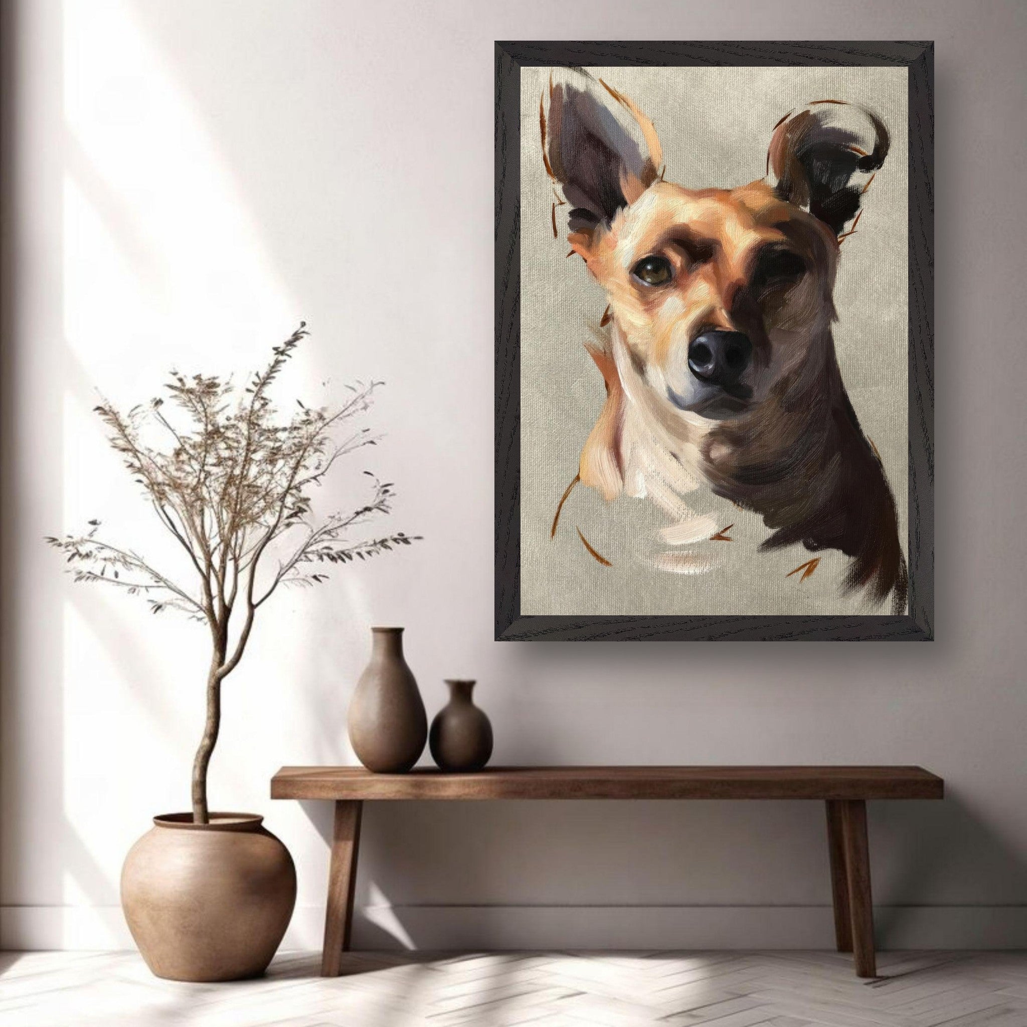 Chihuahua dog painting in vintage frame displayed in a modern living room with plants and decor.