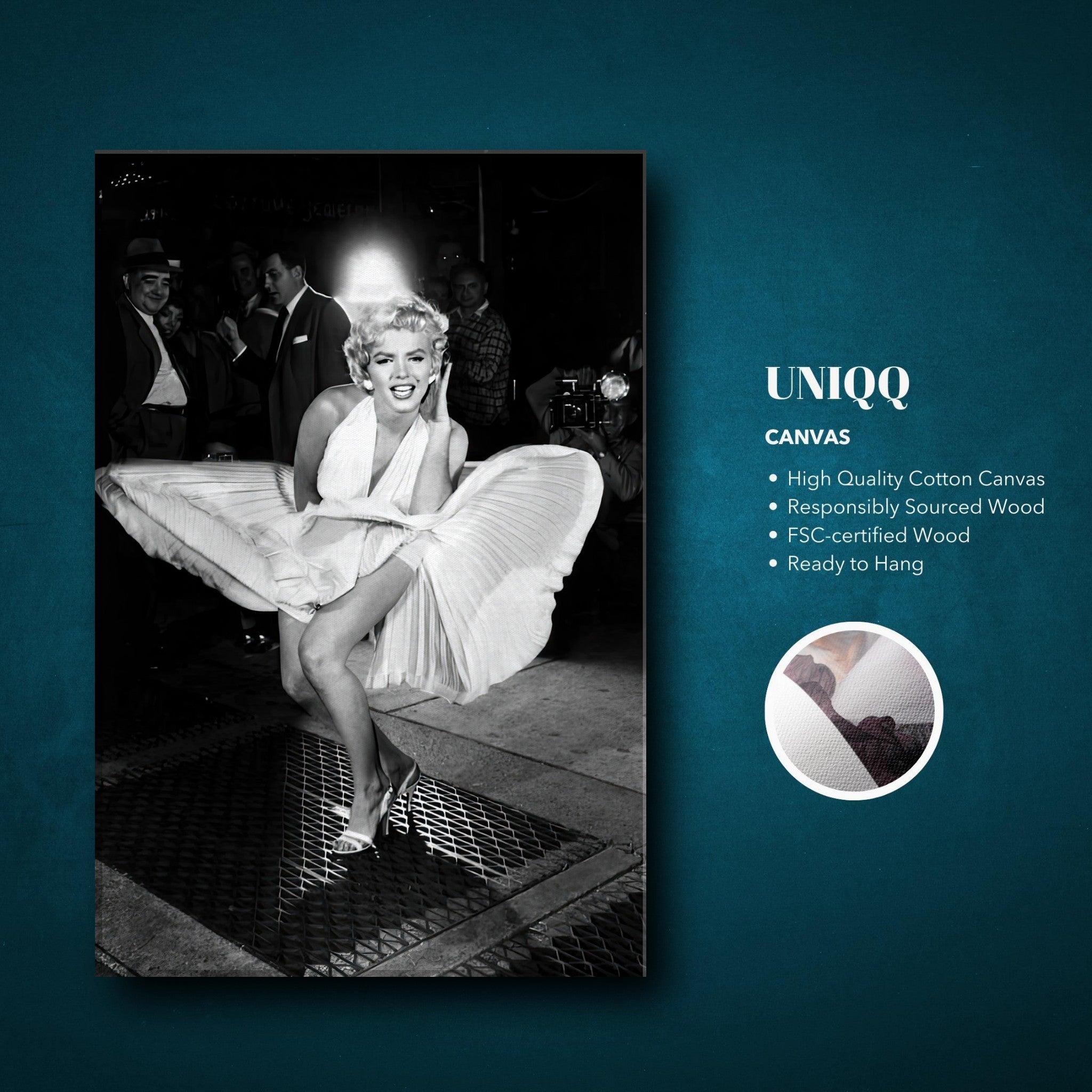Marilyn Monroe white dress wind-blown photo on canvas, capturing Hollywood glamour and elegance.
