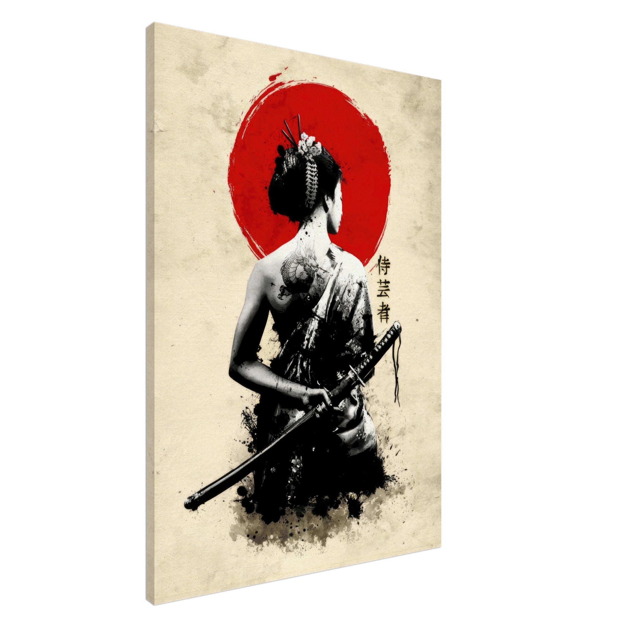 The Samurai Geisha Canvas featuring a poised figure with a katana against a bold red sun backdrop.