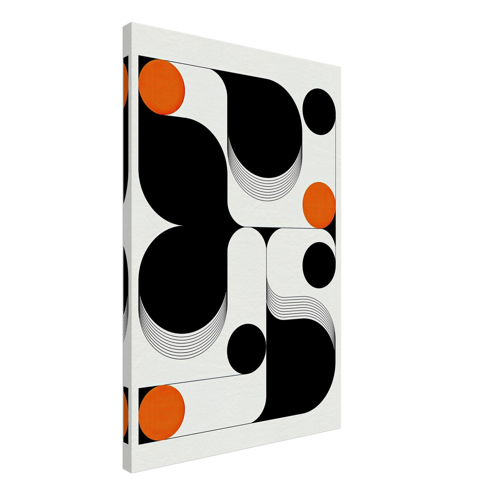 Modern geometric abstract canvas print featuring bold black and white curves with vibrant orange accents.