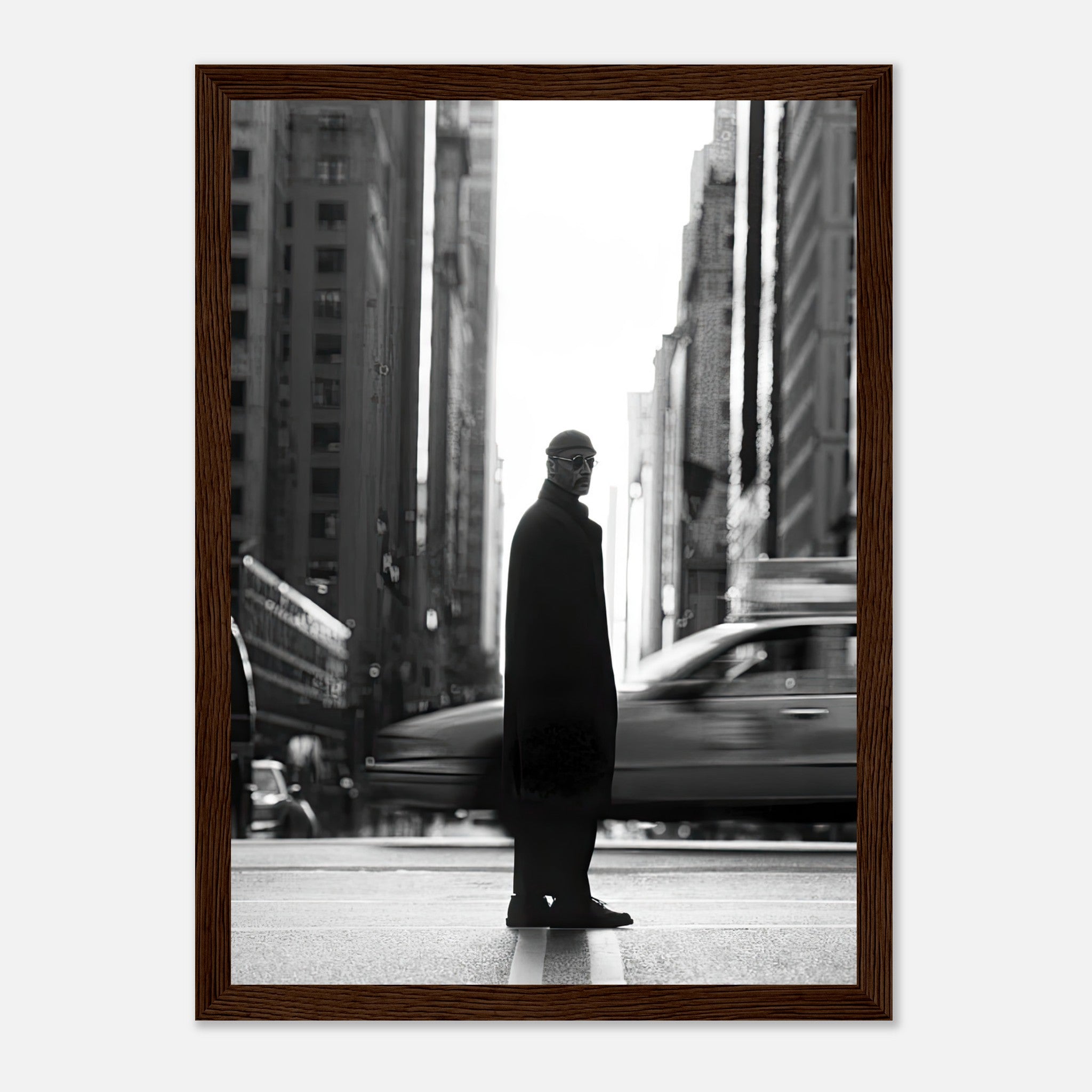 Jean Reno in striking black-and-white artwork, framed print capturing Leon in New York's bustling streets.
