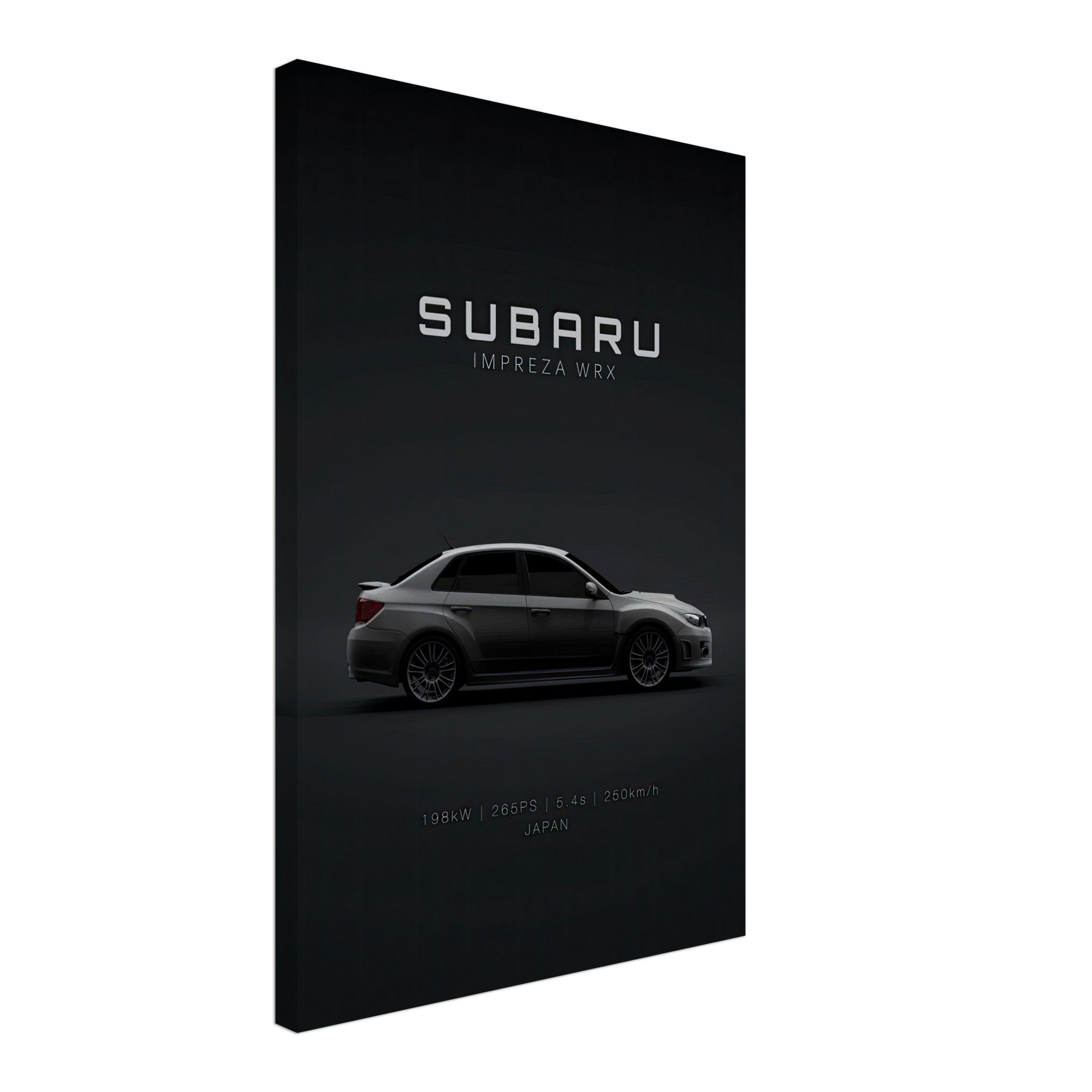 Subaru WRX canvas artwork featuring sleek design and black backdrop, perfect for car enthusiasts.